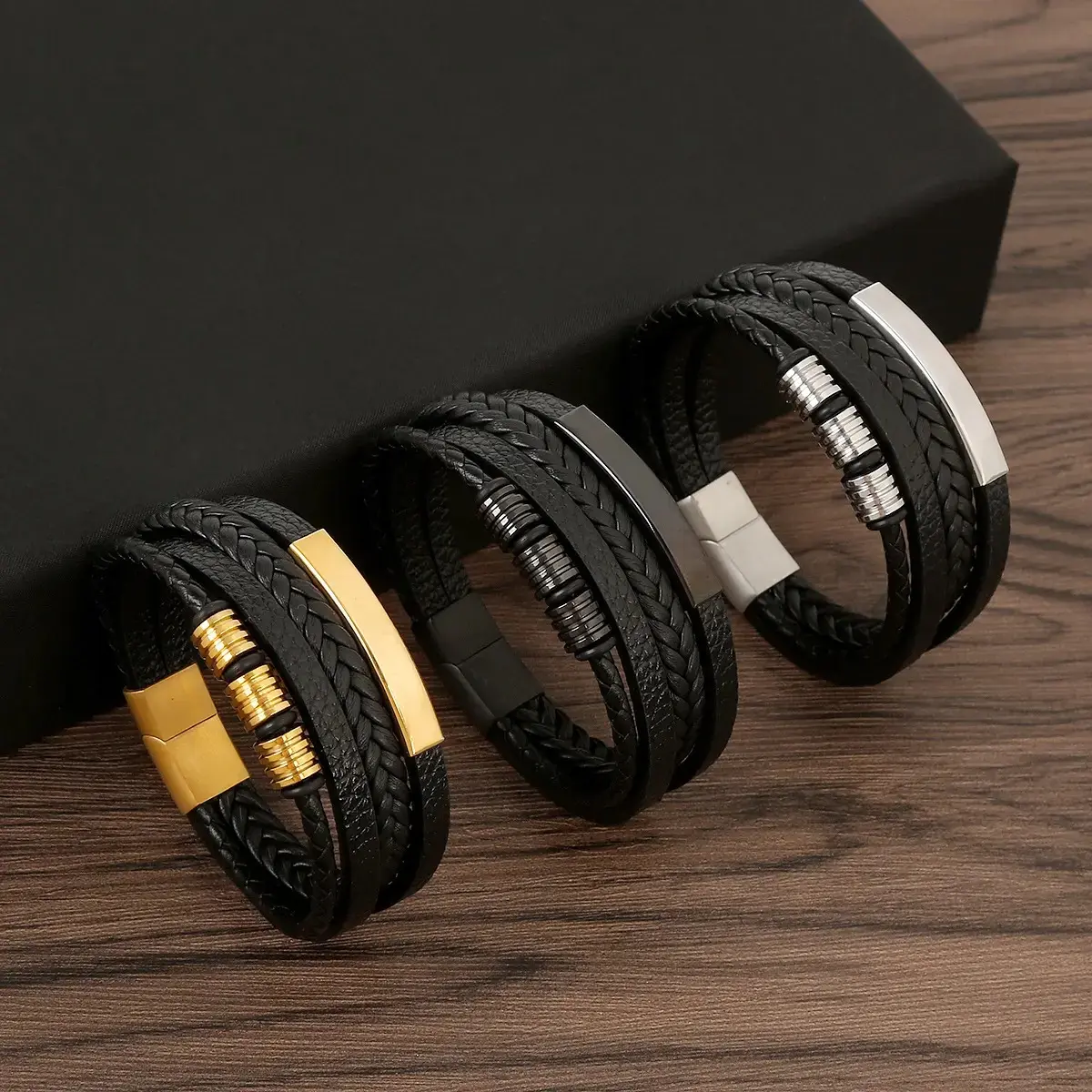 Men’s 3-Pack Italian Leather Braided Bracelets - Multi-Layer Stacking Unisex Handmade Wrist Jewelry, Tencel-Enhanced Men’s Accessories, Stylish Fashion Accessory Set