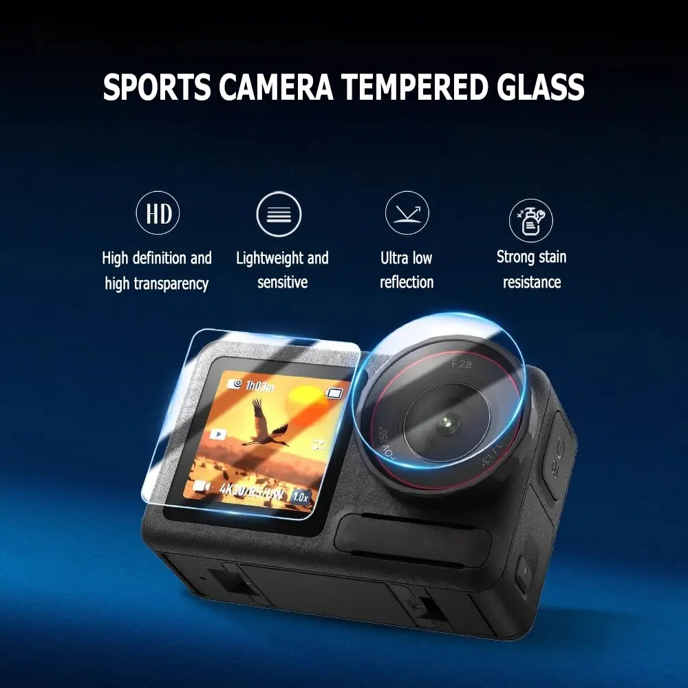 3-piece camera tempered glass (1 front screen + 1 rear screen + 1 lens cover), suitable for DJI Action5pro full-screen version / cage-free version. Provides comprehensive protection, scratch resistance, lens protection, and camera protection.