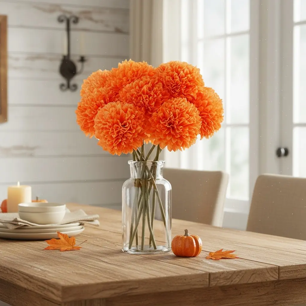 12 Artificial Marigolds - A vibrant orange autumn leaf bouquet featuring lifelike plastic marigolds, perfect for Thanksgiving, weddings, and home decor; maintenance-free floral arrangements; artificial flowers for home decor; festive table centerpieces; d