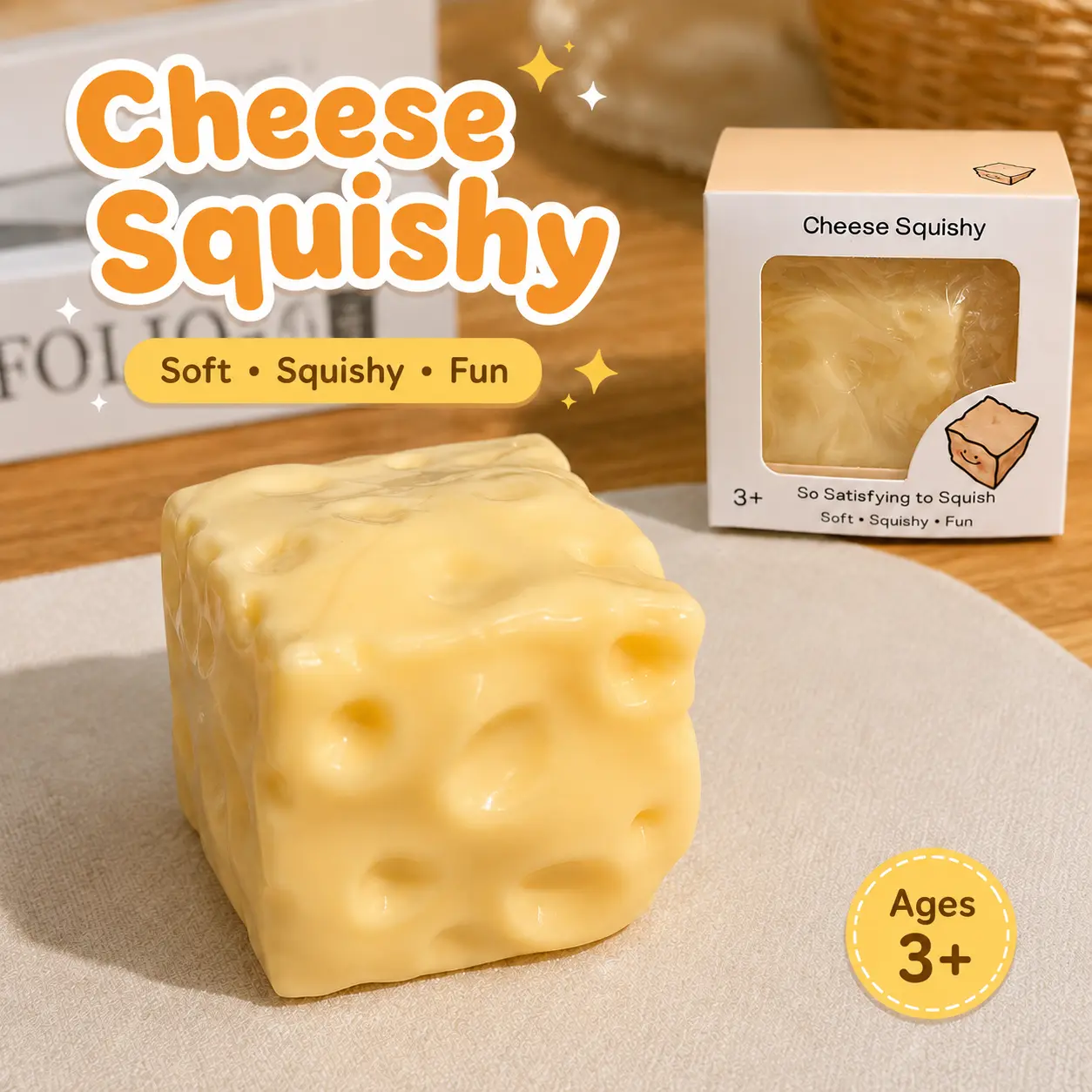Foam Cheese Squishy Stress Relief Fidget Toy - Yellow & Pink, 5/6/7cm Cube Shape, Non-Rebound Vaseline-Filled Sensory Tool for Oddly Satisfying Gentle Squeezing