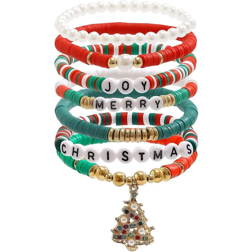 Xmas Bracelets Set for Women Teen Girls Polymer Clay Bead Stackable Stretch Bracelets as Party Gifts Heishi Surfer Holidays Christmas Charms Friendship