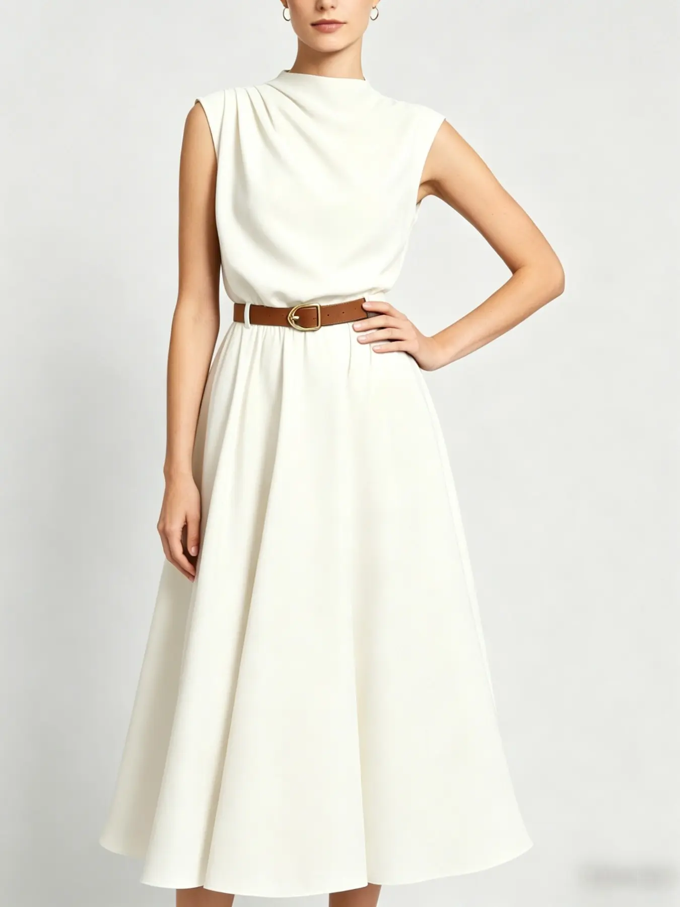 2026 New Summer Commute Essential Sleeveless Waist-Cropped Chic Dress, Office Interview/ Daily Work Elegant Style, Medium-Length A-Line Skirt with Belt