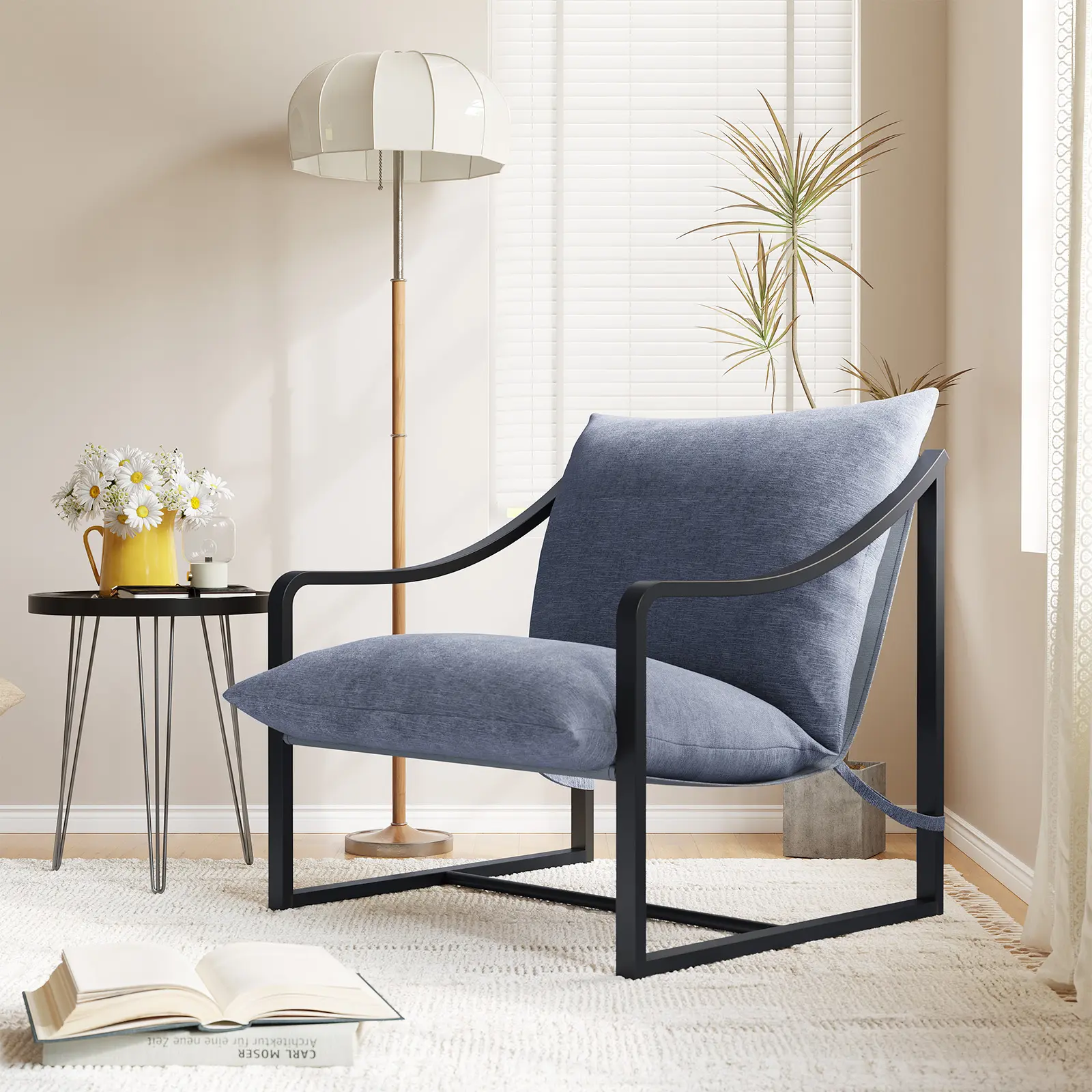 Sling Accent Chair, Mid Century Modern Chair, Sturdy Metal Frame with Removable Cushion, Comfortable Armchair for Living Room, Bedroom, or Reading Nook