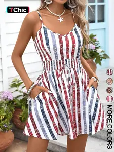Women's Woven Striped Cami Romper Loose, V Neck Adjustable Spaghetti Strap, Smocked Waist Tie Front, Flared Short Leg, Daily Casual Vacation Beach Back To School Summer Wear
