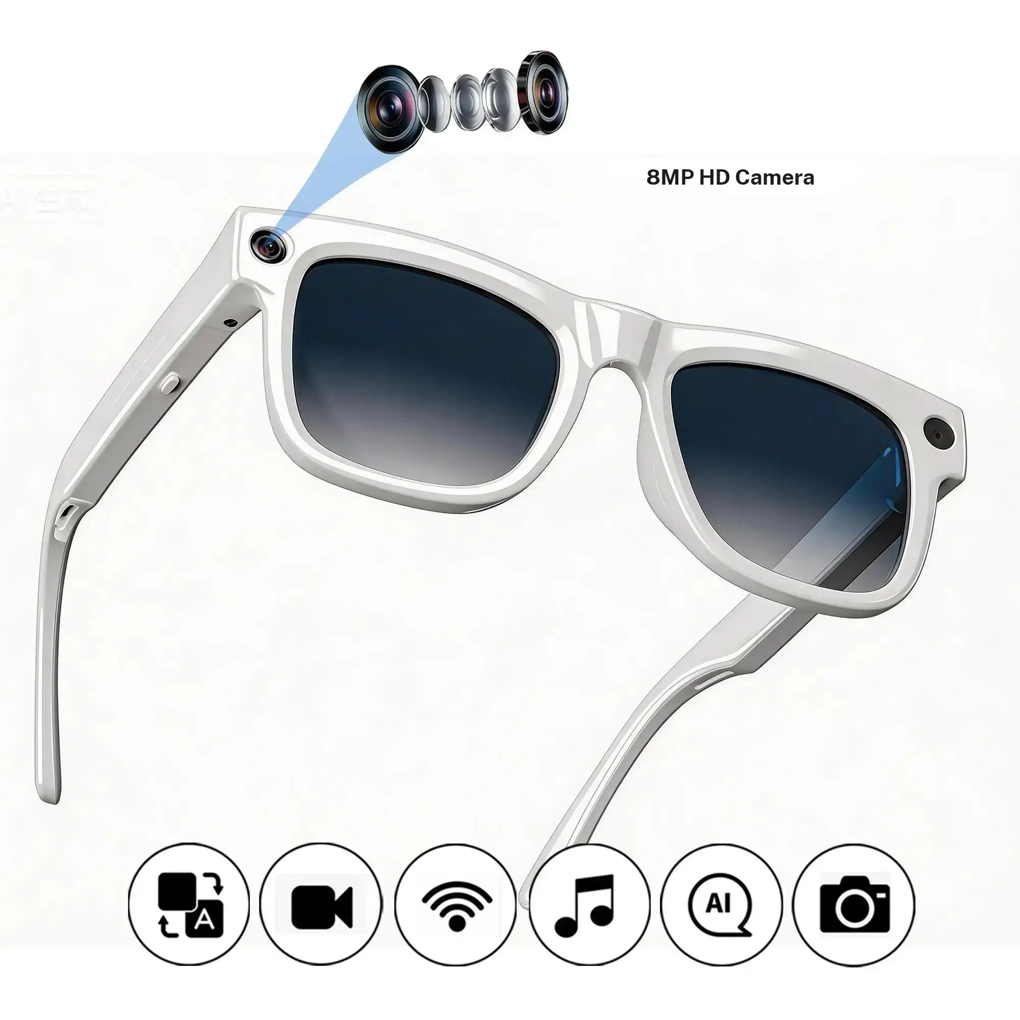 new AI smart glasses support multiple language translations, high-definition cameras, photo and anti shake recording of videos, music listening, and other functions. They support WiFi transmission and are suitable for daily travel for both women and men