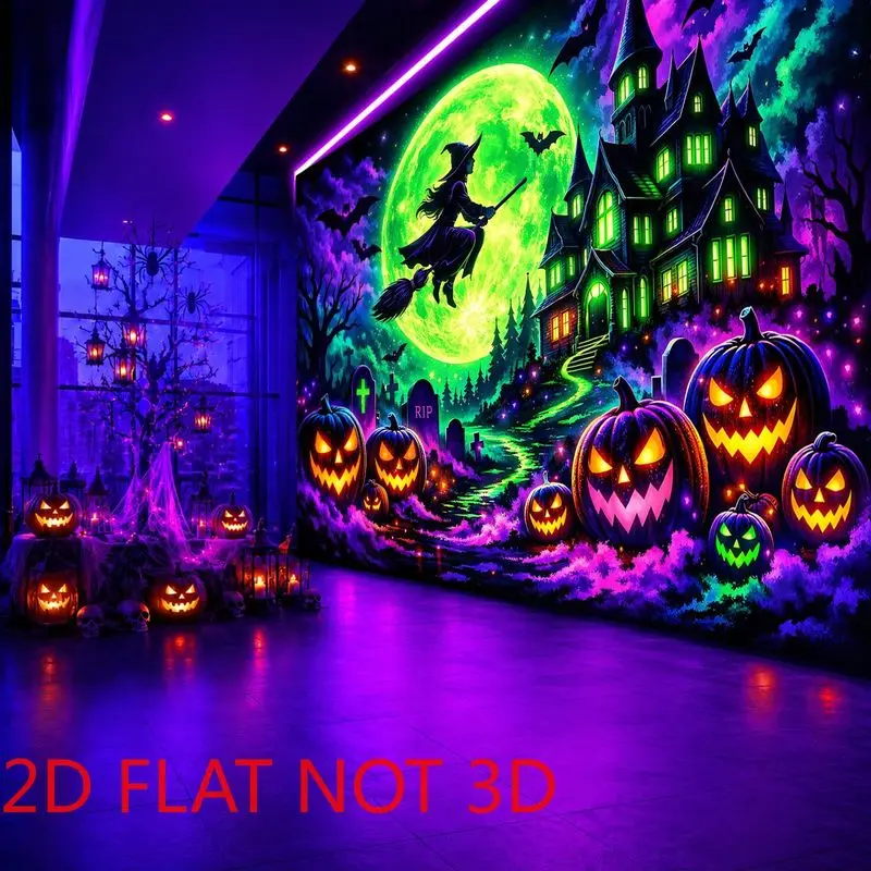 Extra-Large 2D Flat UV Blacklight Glow Polyester Tapestry - Cotton Psychedelic Neon Graphics Witch Wall Hanging, Green Moon Haunted House Halloween Decor, Spooky Skeleton Aesthetic for Spooky Events, Custom Print Home Accessory