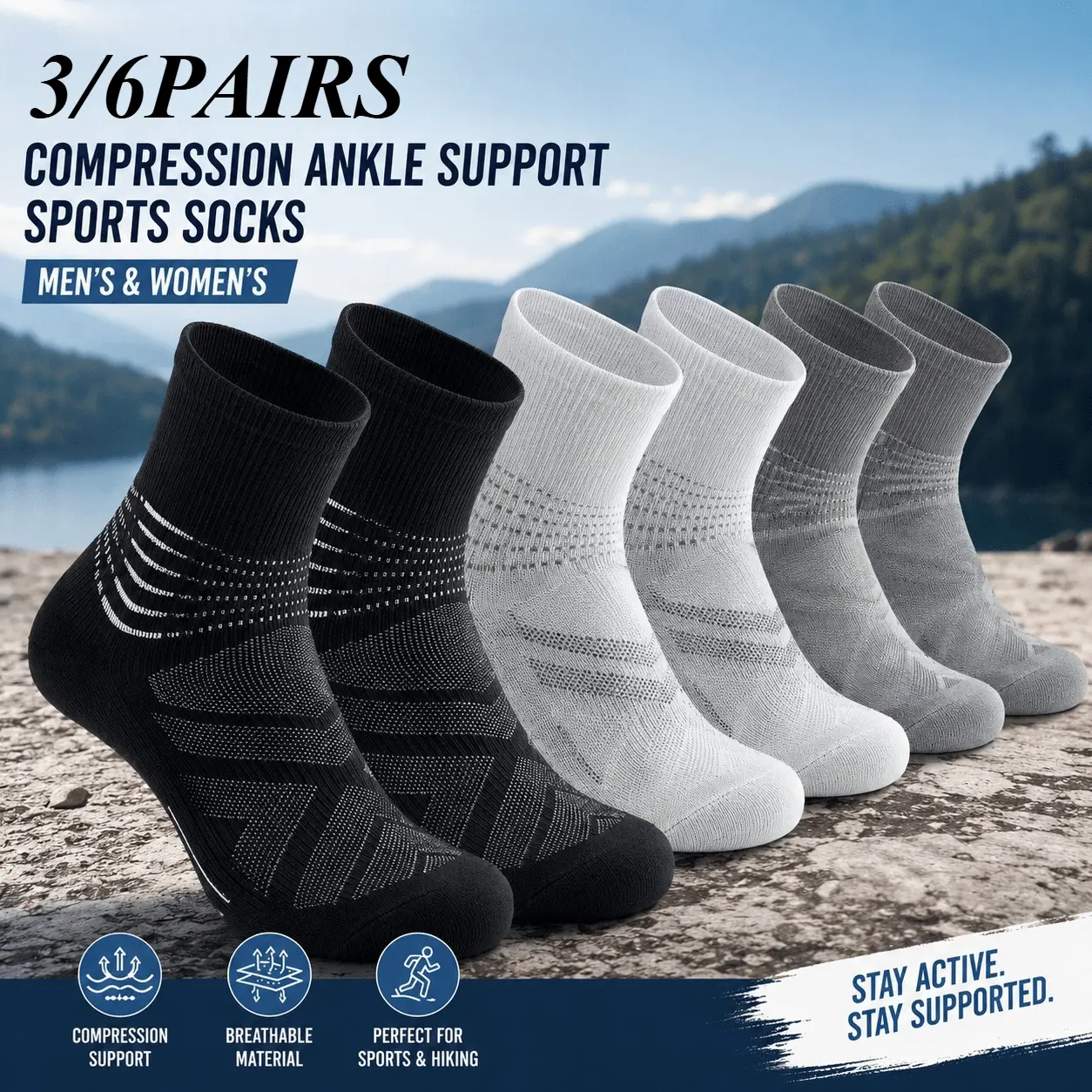 Unisex 3/6 Pairs Solid Ankle Compression Socks, Breathable Cushioned Sports Socks with Arch Support & Sweat Control, Ideal for Running & Outdoor Activities, Outdoor Sports Socks