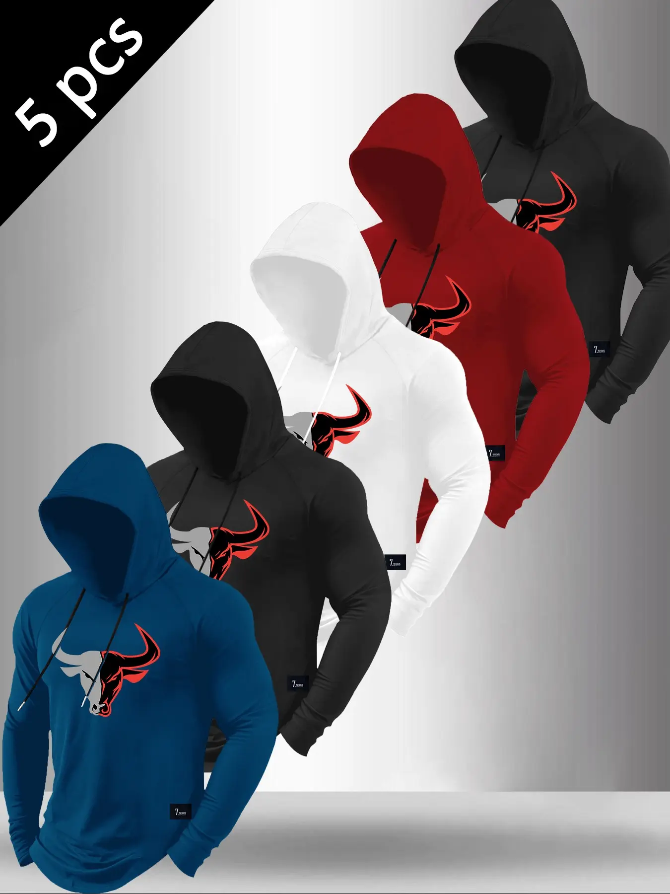 Bestseller Men's Classic Bull Head Print Pullover Long Sleeve Hooded T-Shirt, Slim Fit Drawstring Sports Hoodie, Casual Top for Gym, Street, Daily Sports Outfits, Casual Fitness Wear, Fitness Athletic Streetwear