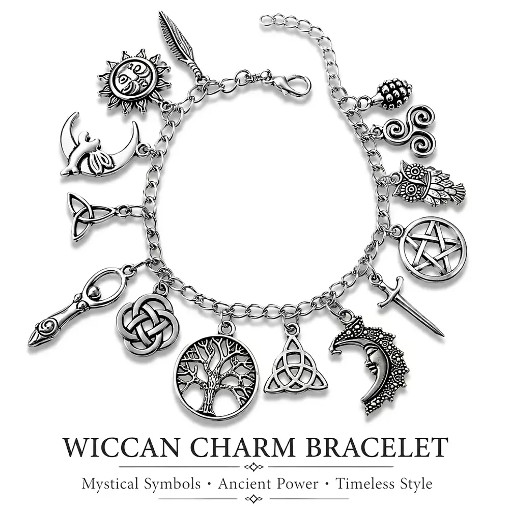 Wiccan Pagan Charm Bracelet, Witchy Occult Silver Chain Bracelet with Pentacle, Tree of Life, Triple Moon Goddess, Celtic Knot, Sun, Dagger Charms, Gothic Witchcraft Spiritual Amulet Jewelry, Mystical Celestial Witch Accessory Gift for Women