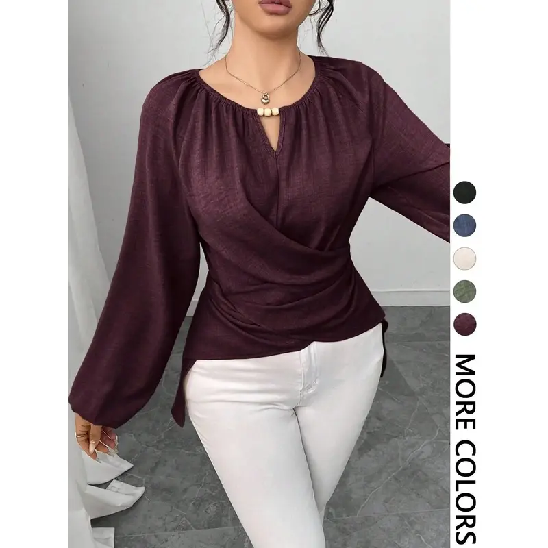 Women's Wrap Top with Keyhole Neck, Long Sleeve Waist Cinch Ruched Asymmetric Hem, Casual Loose-Fitting Plain Top for Spring & Fall