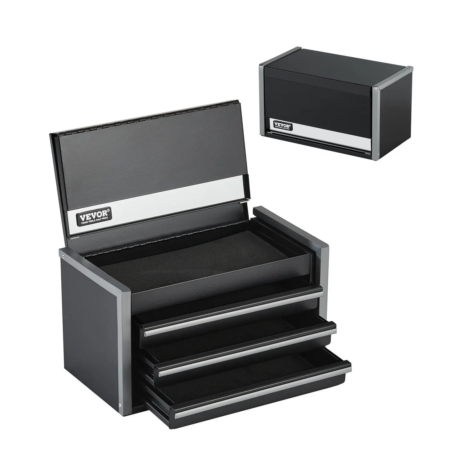 VEVOR tbhg-913bk 8.6-in Portable Metal Tool Box, 3-Drawer Small Tool Chest with EVA Liners, PP Feet Pads, Heavy-Duty Steel Build, Ball Bearing Opening & Powder Coated Finish, Black