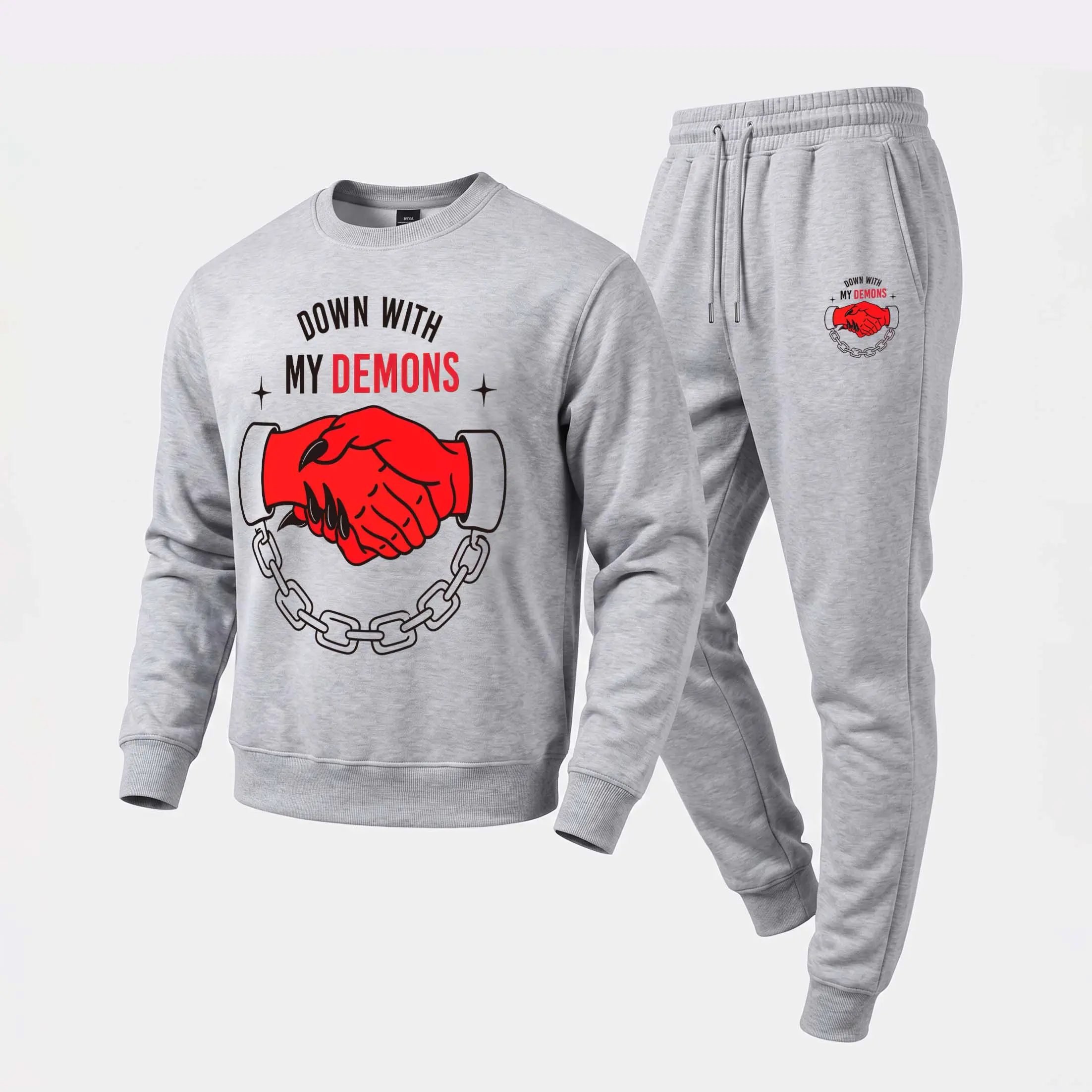 Men's “Down With My Demons”Graphic Crewneck Sweatshirt and Jogger Pants Set, Casual Long Sleeve Pullover with Drawstring Sweatpants, Fall Winter Tracksuit for Daily Wear, Travel, Lounge, Workout and Indoor Outdoor Activities