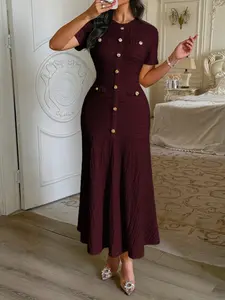 Pure Color Casual Button Decor Long Dress, Fitted Short Sleeve Plain Design, Women's Fashionable Long Gown for Everyday Wear