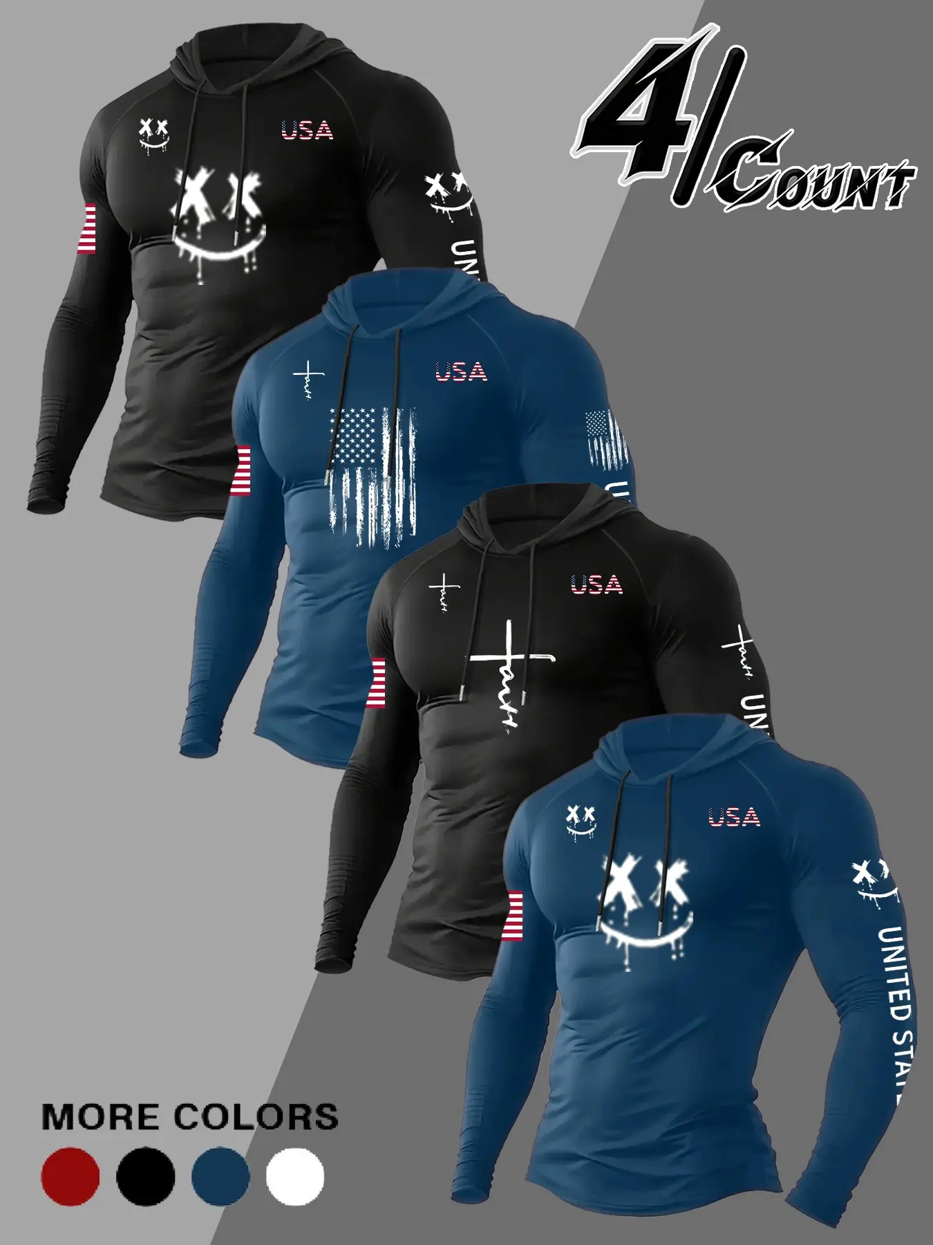 4-Pack Men's Streetwear Hooded Design Long Sleeve Tees With Flag Faith Cross Print Urban Workout Ready Casual Tops