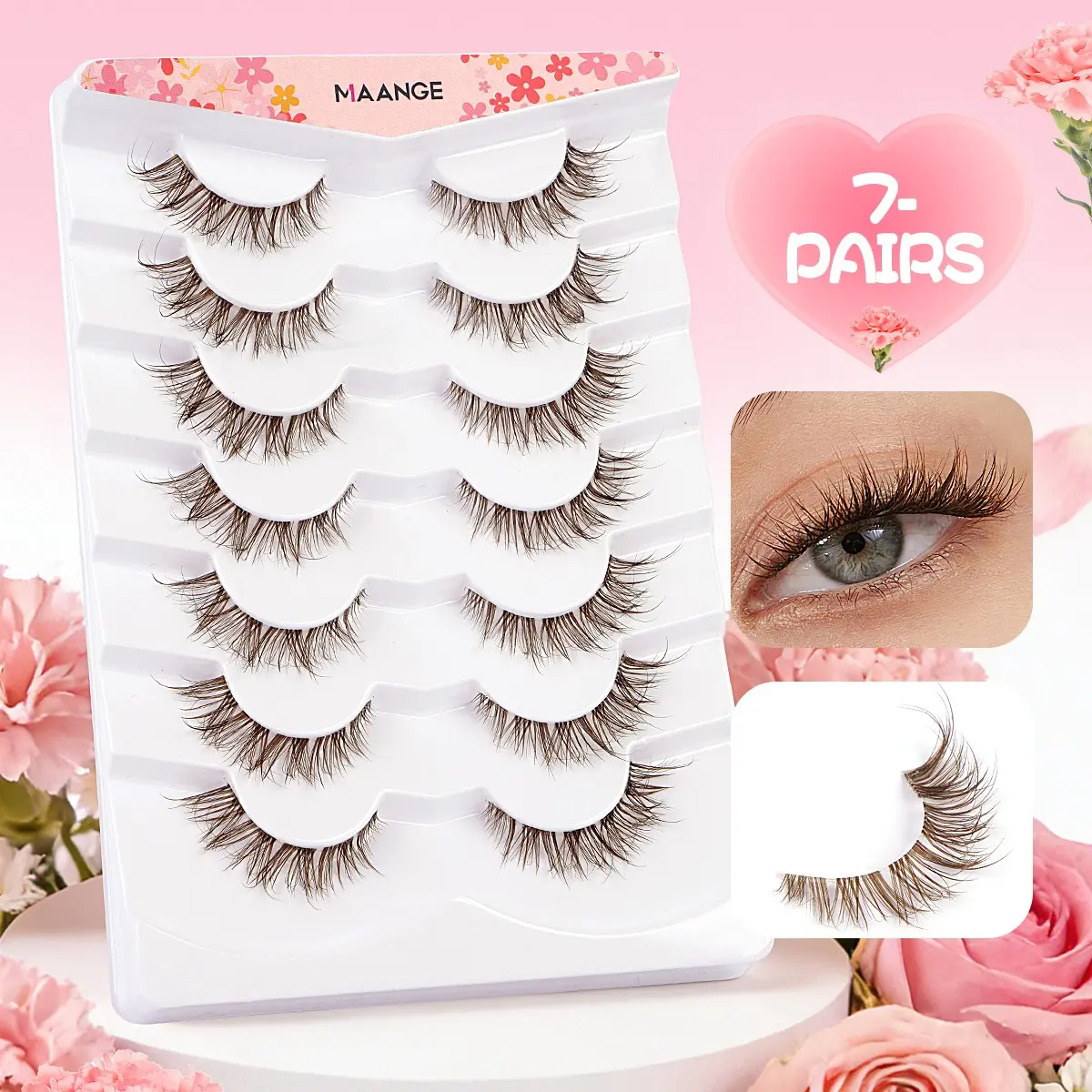 MAANGE 7 Pairs Brown Classic C Curl High Quality Cosmetic False Lashes, Moderate Volume Curling Effect, Skin-friendly Safe Material, Invisible Soft Band, Versatile for Various Skin Tones, Perfect for Daily and Light Party Makeup