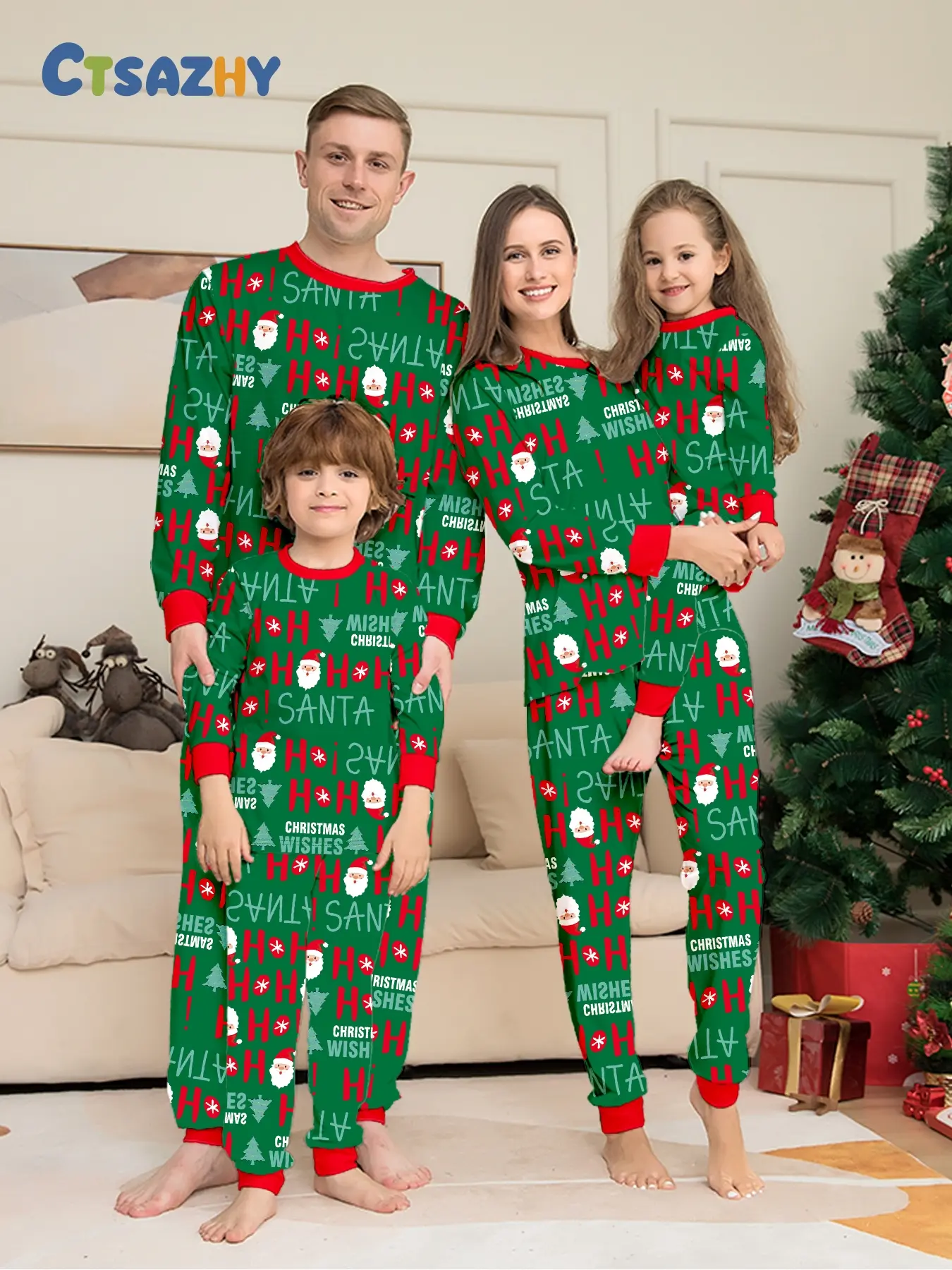 European Style Christmas Print Family Four Matching Long Pajama Two-Piece Set, Hot Sale Festive Outfit
