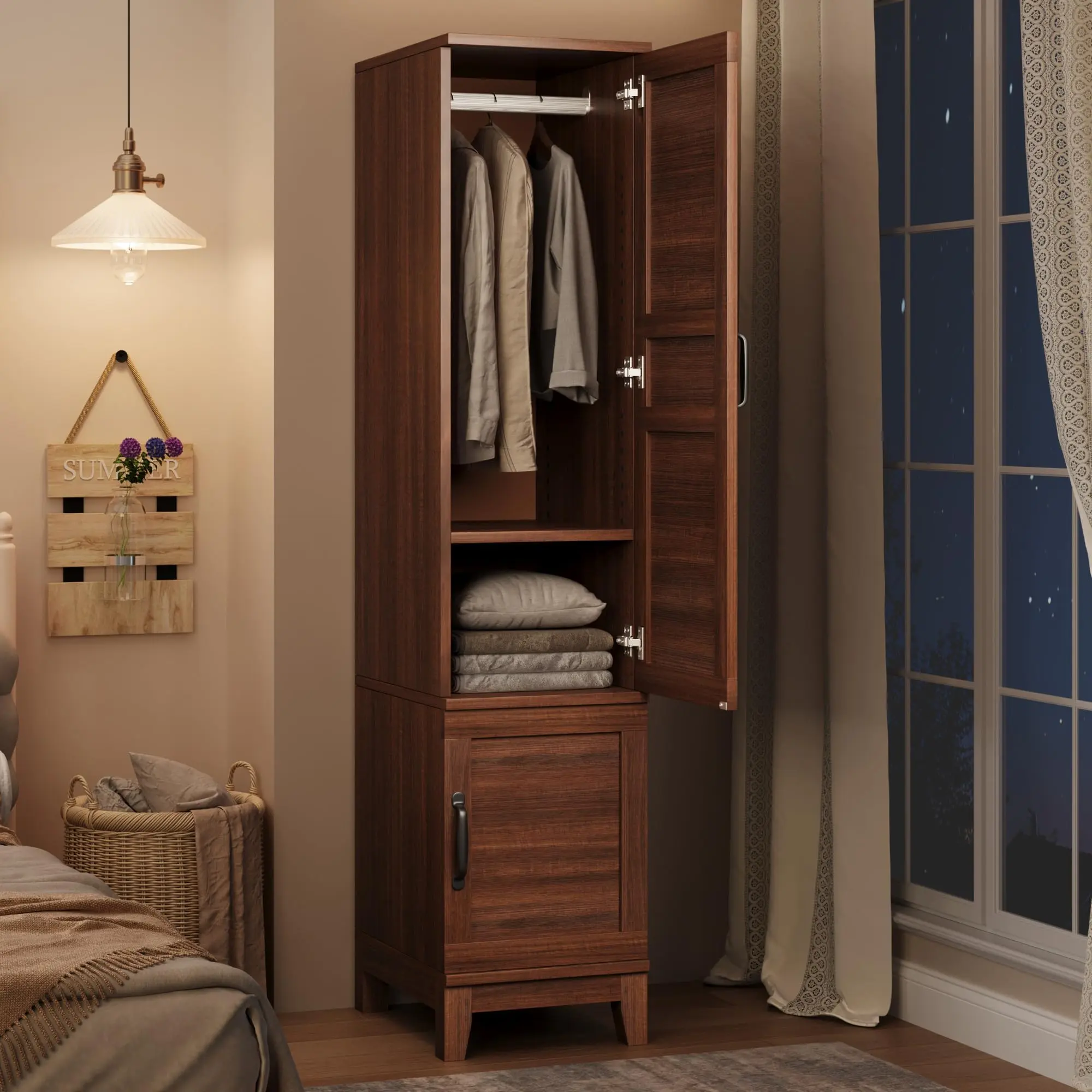 Garvee Heavy Duty Walnut Wooden Wardrobe Closet - 2-Door, 72 in Tall Rectangular Armoire with Sturdy Base, Hanging Rod, 18 Adjustable Shelves for Slim Bedroom Clothes Storage
