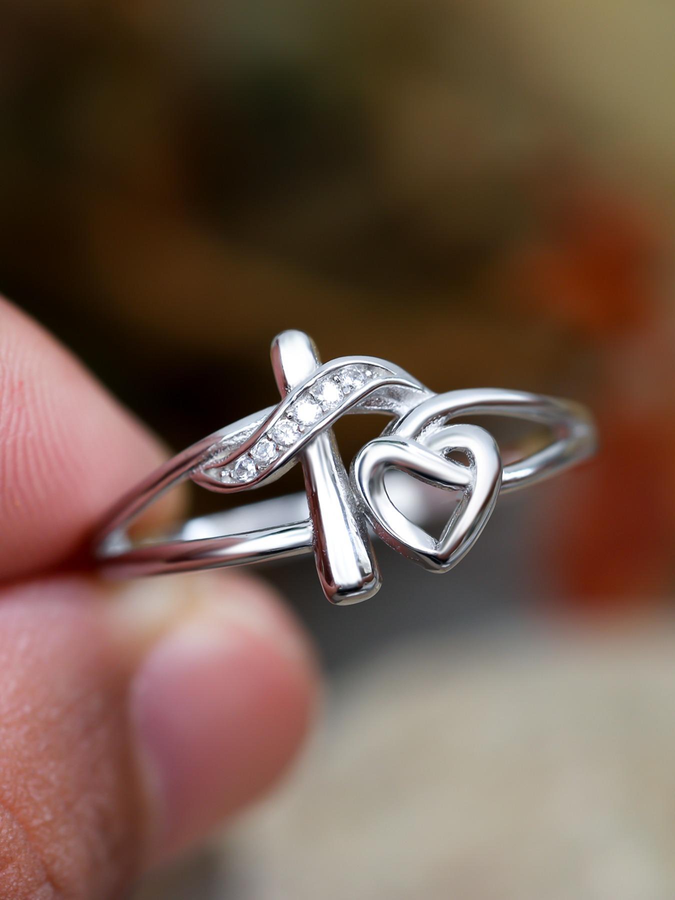 S925 Sterling Silver Hollow Out Cross & Heart Design Ring for Women, Heart Shaped Ring, Fashion Rings, Fashion Jewelry for Party, Daily Decor, Trendy All-match & Exquisite Jewelry for Birthday Gift, with Box