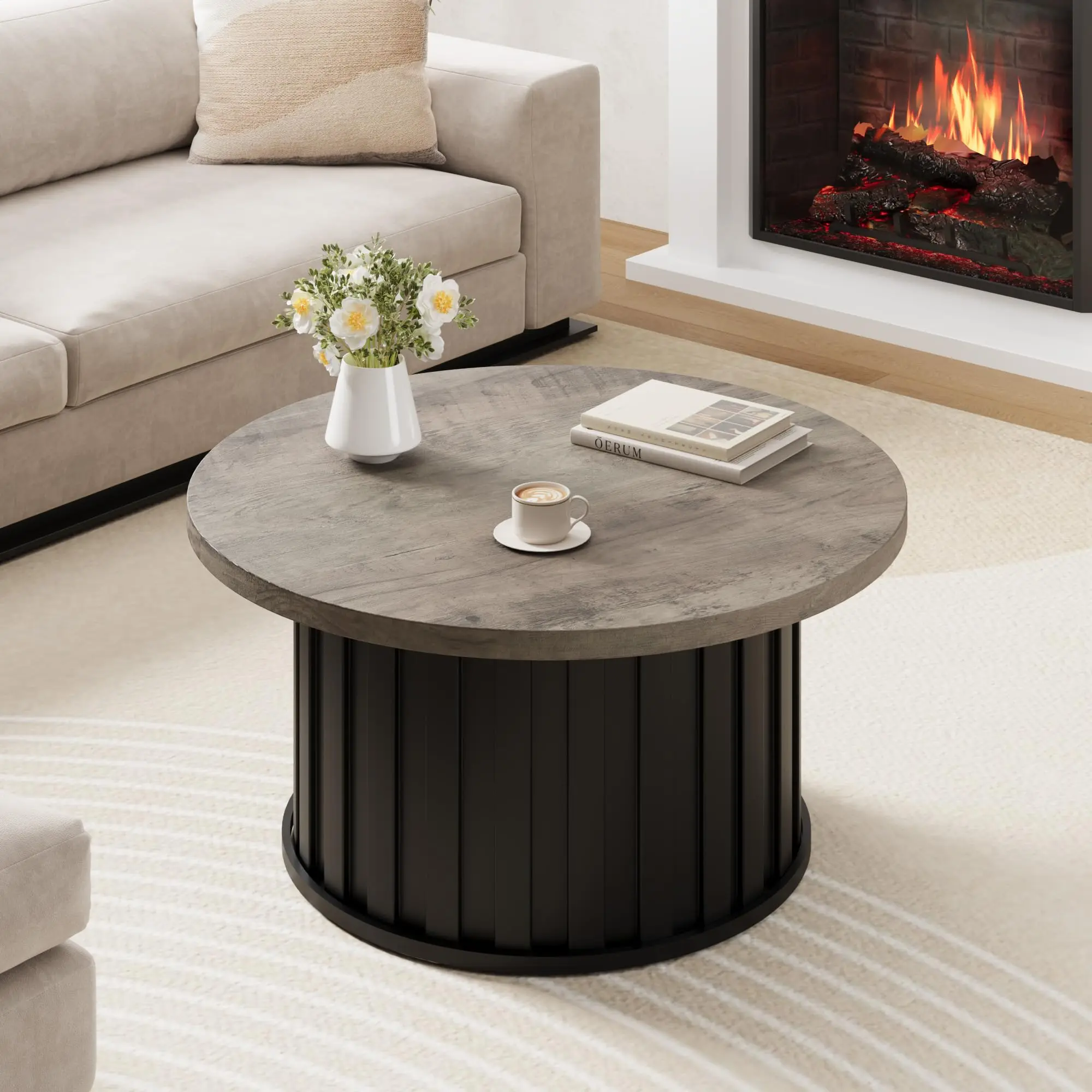 31.9" Round Fluted Texture Coffee Table, Mid Century Modern Accent Table with Solid Metal Base, Vintage Style Center Table for Living Room Apartment Small Spaces,dorm essentials,home decor