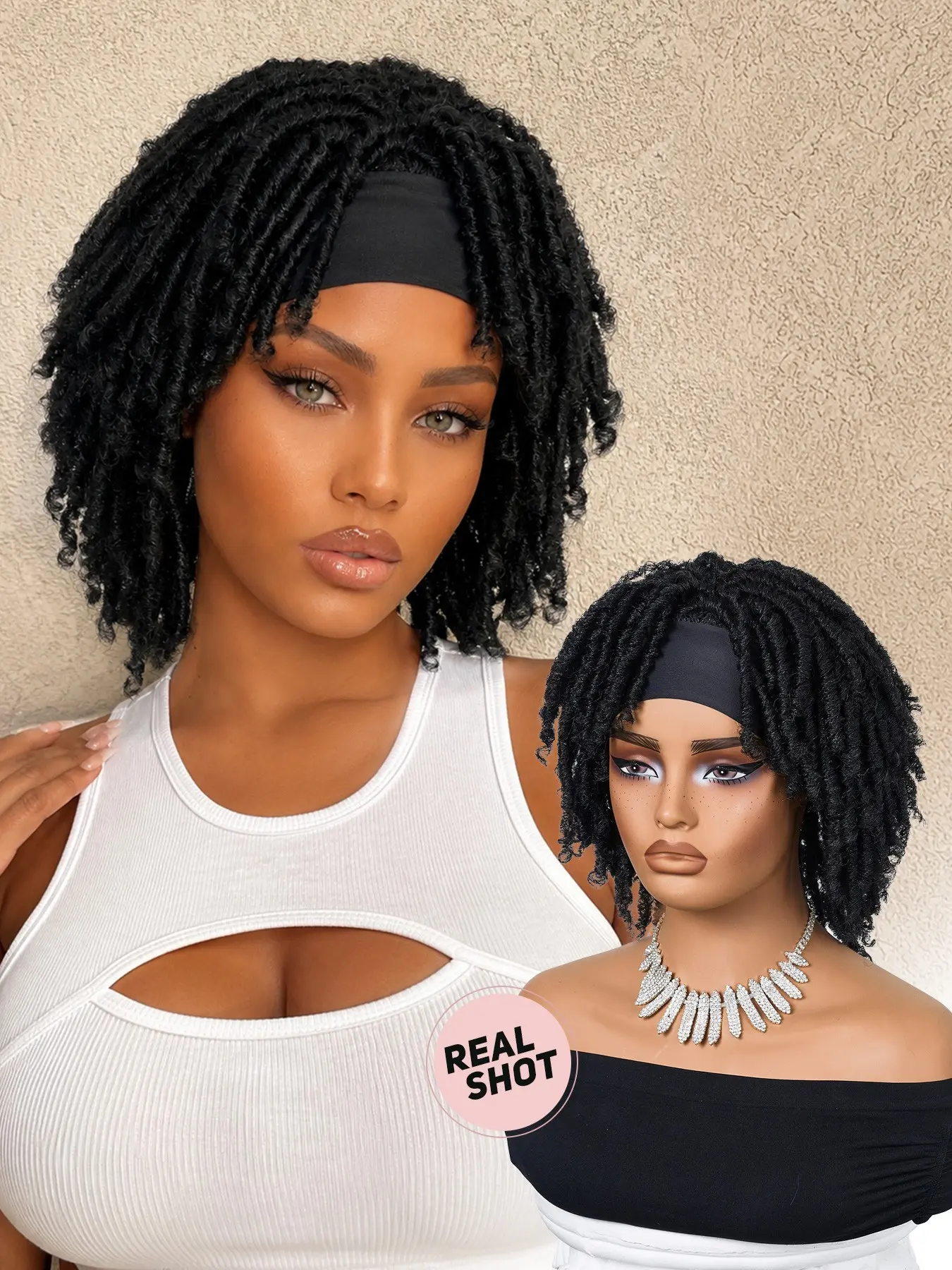 Short Hollow Curl Dirty Braids Wig Band, Lightweight Synthetic Hair, Vintage Fashion, Long Wigs with Bangs, All Seasons Wear, Curly Headband Wig