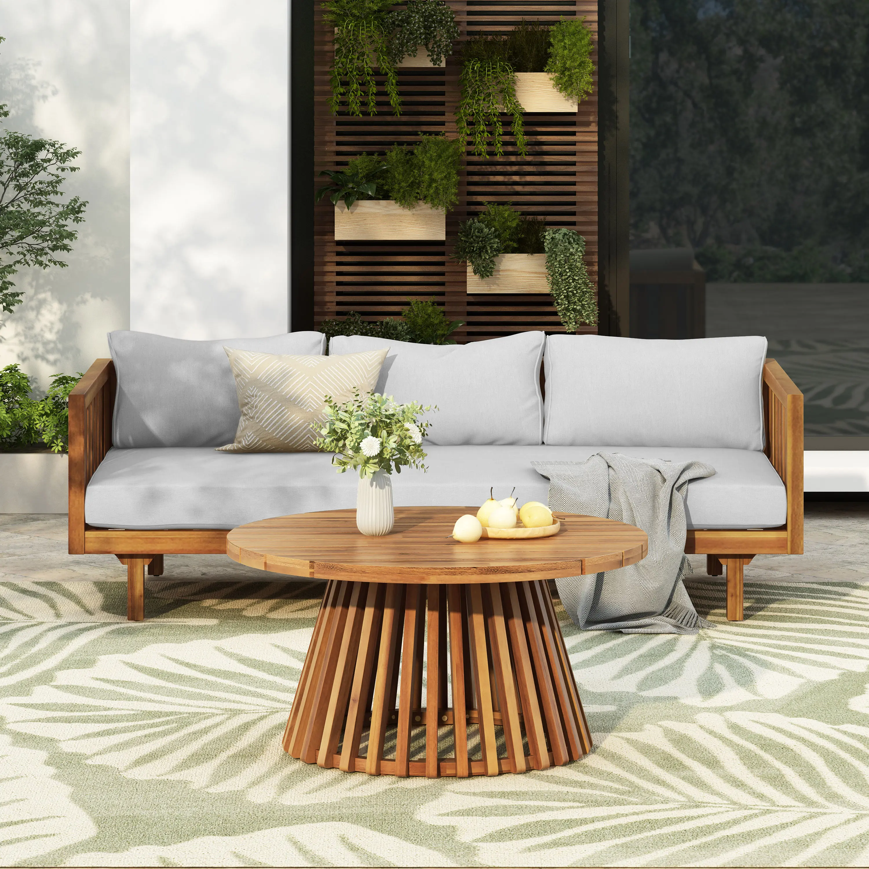 ARCH Acacia Wood Outdoor 3-Seater Daybed Set with Water-Resistant Thick Light Gray Cushions and Round Table, Patio Furniture for Garden, Backyard Relaxation