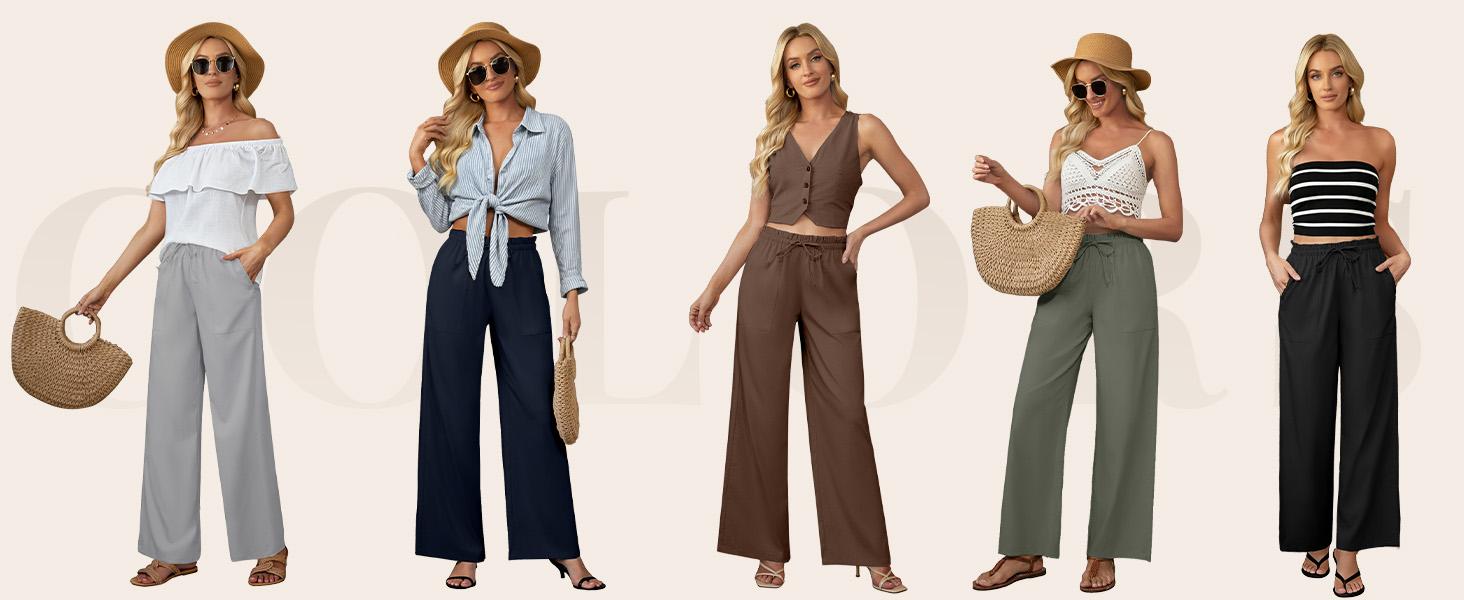 Womens Linen Wide Leg Pants, High Waisted Flowy Palazzo with Pockets Summer Drawstring Trousers Beach Travel Work
