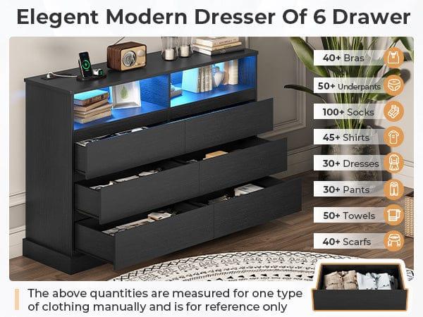 LED Dresser with  Charging Station Black Modern Chest Drawers Wood Cabinet Chest