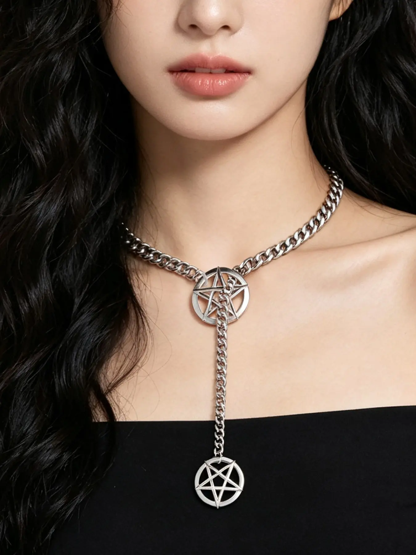 Gothic Pentagram Y-Drop Choker Necklace for Women, Silver Color Curb Chain Pentacle Pendant, Punk Rock Statement Jewelry