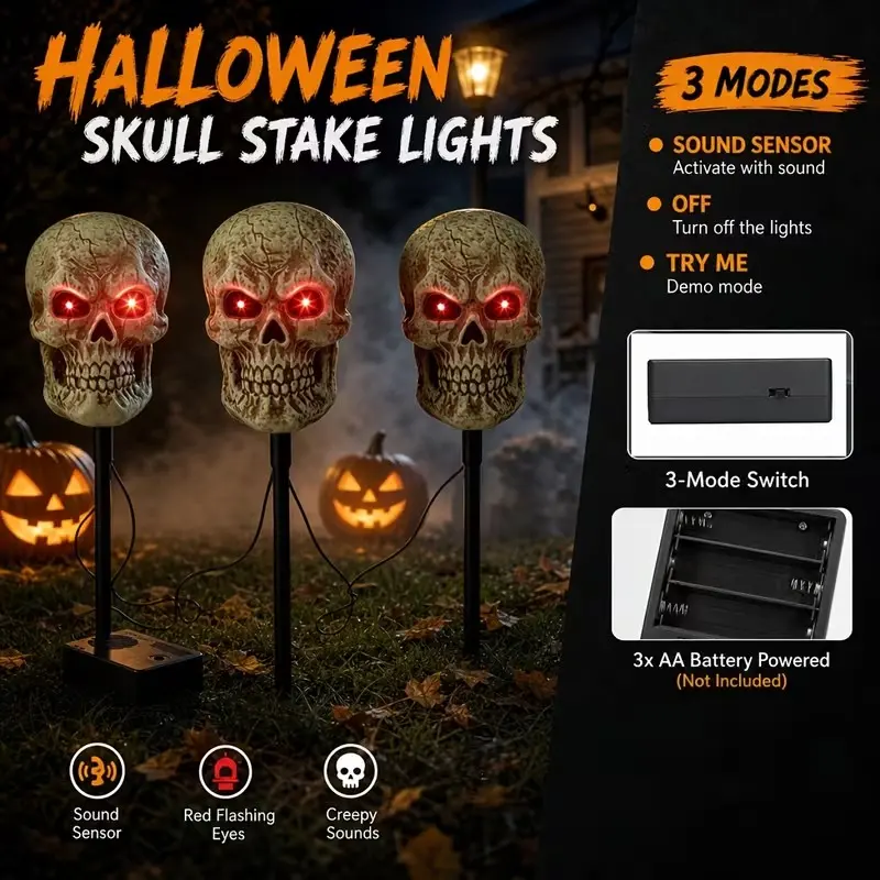 Three-Pack Halloween Skull Ground Stakes, Blinking LED Eyes, Sound-Activated Horror Effects, Perfect for Halloween Parties, Haunted Houses, Cemetery Scenes