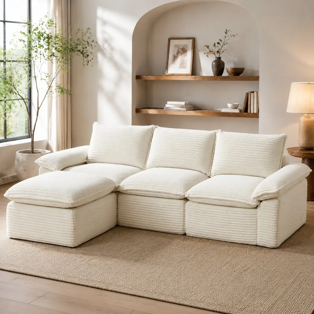 Modern Corduroy Cloud Sectional Sofa, Freely Combinable Modular Couch, Comfortable Seating for Living Room, White, 4-Seat, Comfy Couch, Assembled Sofas & Couches