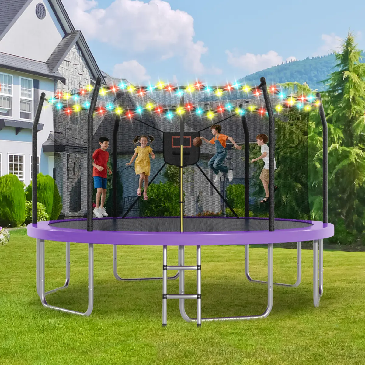 Aobtkel 14FT Unisex Metal Frame Trampoline - Lighted Hoop, Basketball Hoop, Outdoor Play Trampoline for Adults Kids, Outdoors Play