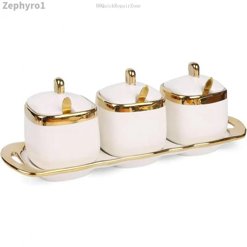 Sugar Bowl with Lid and Spoon,Ceramic Condiment Jars  Container with Tray,Salt and Sugar Containers, Condiment Canisters Pots Seasoning Box Set of 3 for Kitchen Coffee Bar,WhiteZephyroH8QuickRepairZone