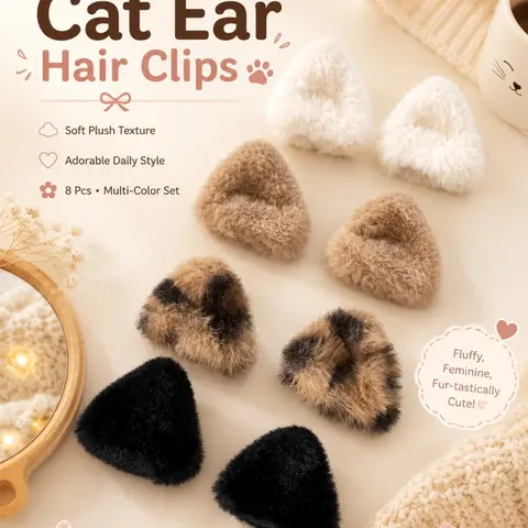8PCS Plush Cat Ear Hair Claw Clips for Women and Girls, Cute Triangle Clips in Assorted Colors and Designs, Fall Winter Hair Accessories for Bangs, Half-Up Styles and Daily Wear