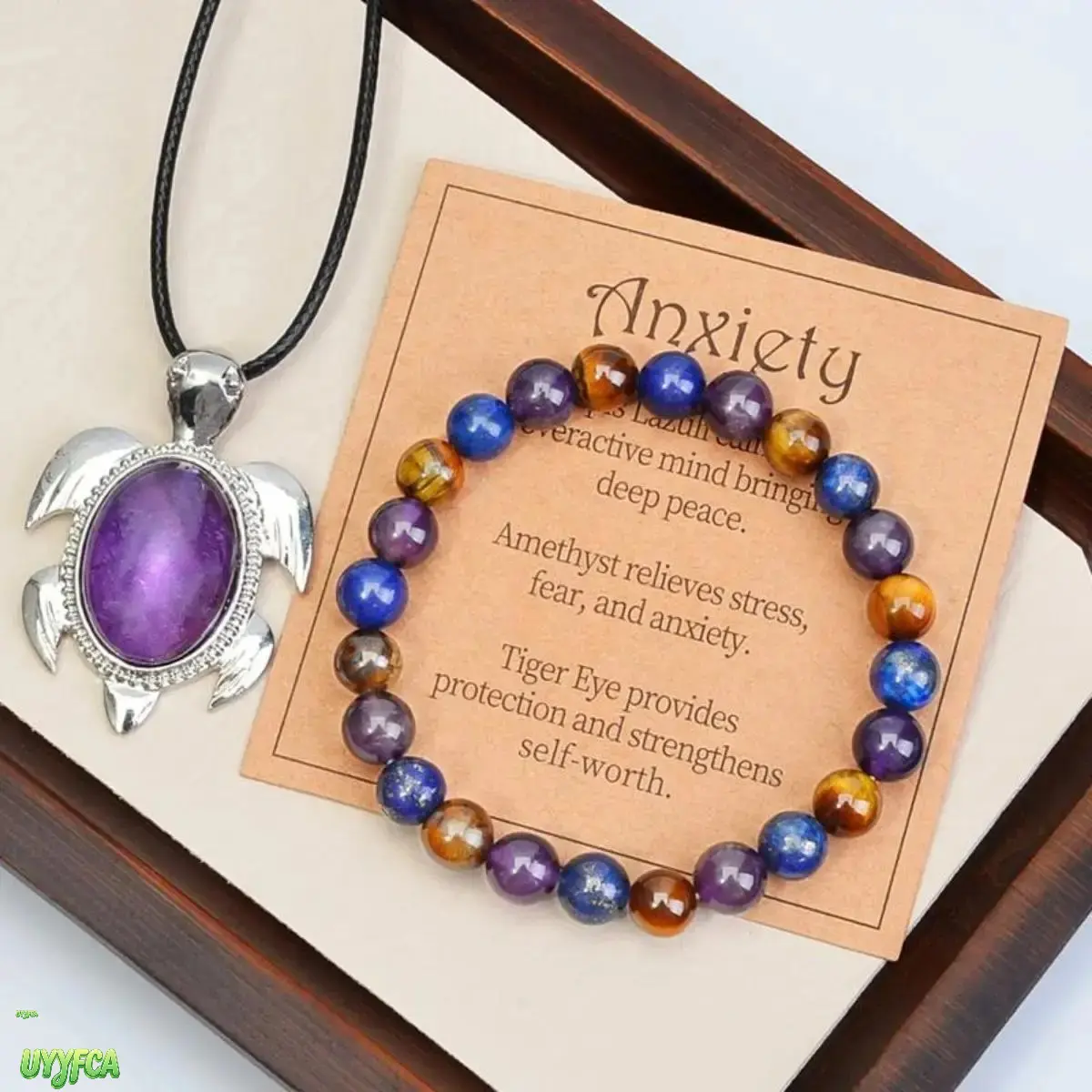 Women's 2-Pc Spiritual Crystal Bag Charm Set - Amethyst Sea Turtle Pendant Necklace, Mixed Gemstones Stretch Bracelet with Tiger's Eye, Mindfulness Accessory, Stress-Relieving, Inspirational Card, Healing Energy, Daily Wear Gift