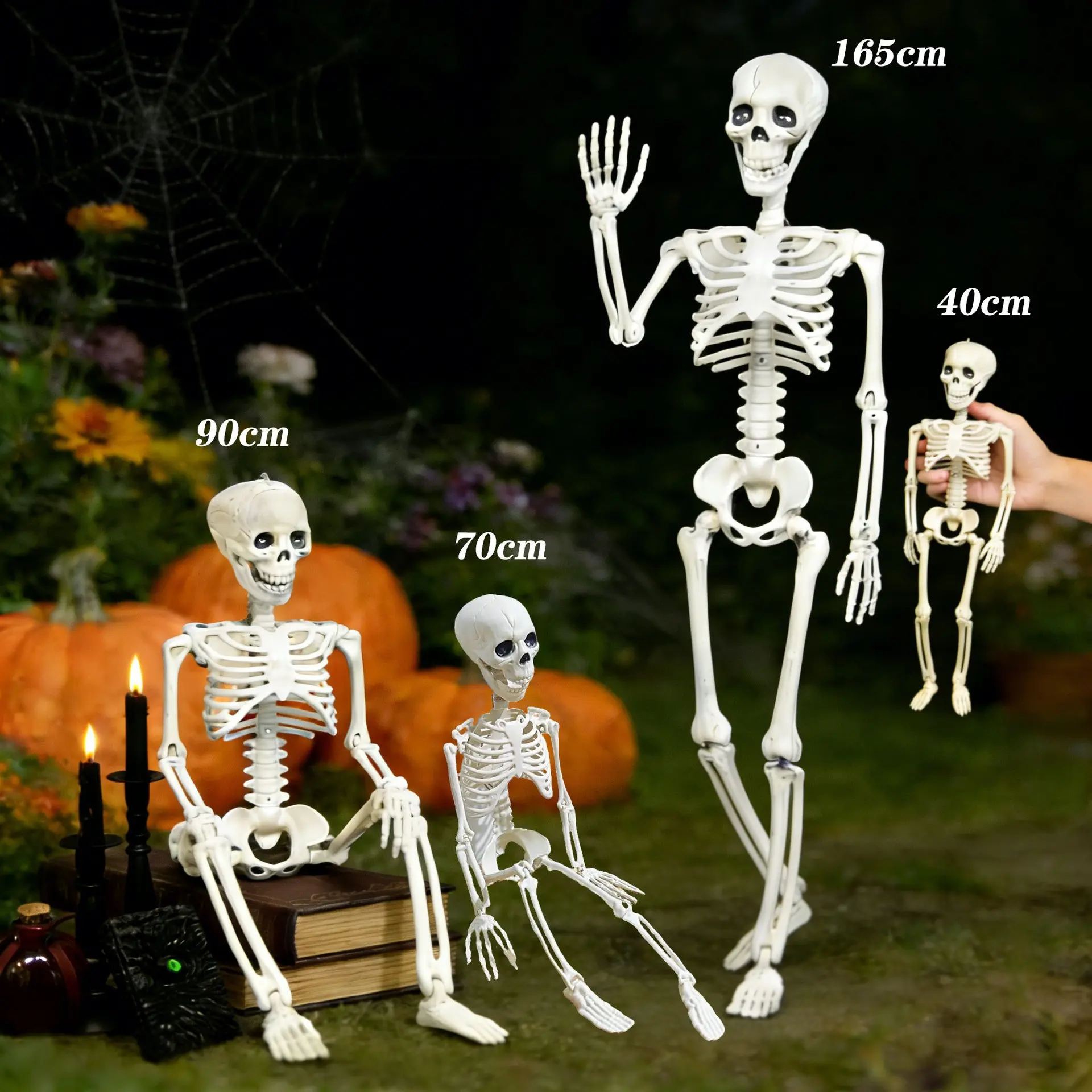 Halloween Realistic Skull Skeleton Ornament, Multiple Sizes Adjustable Human Bone Model, Haunted House Decoration Props, Durable Plastic Decor