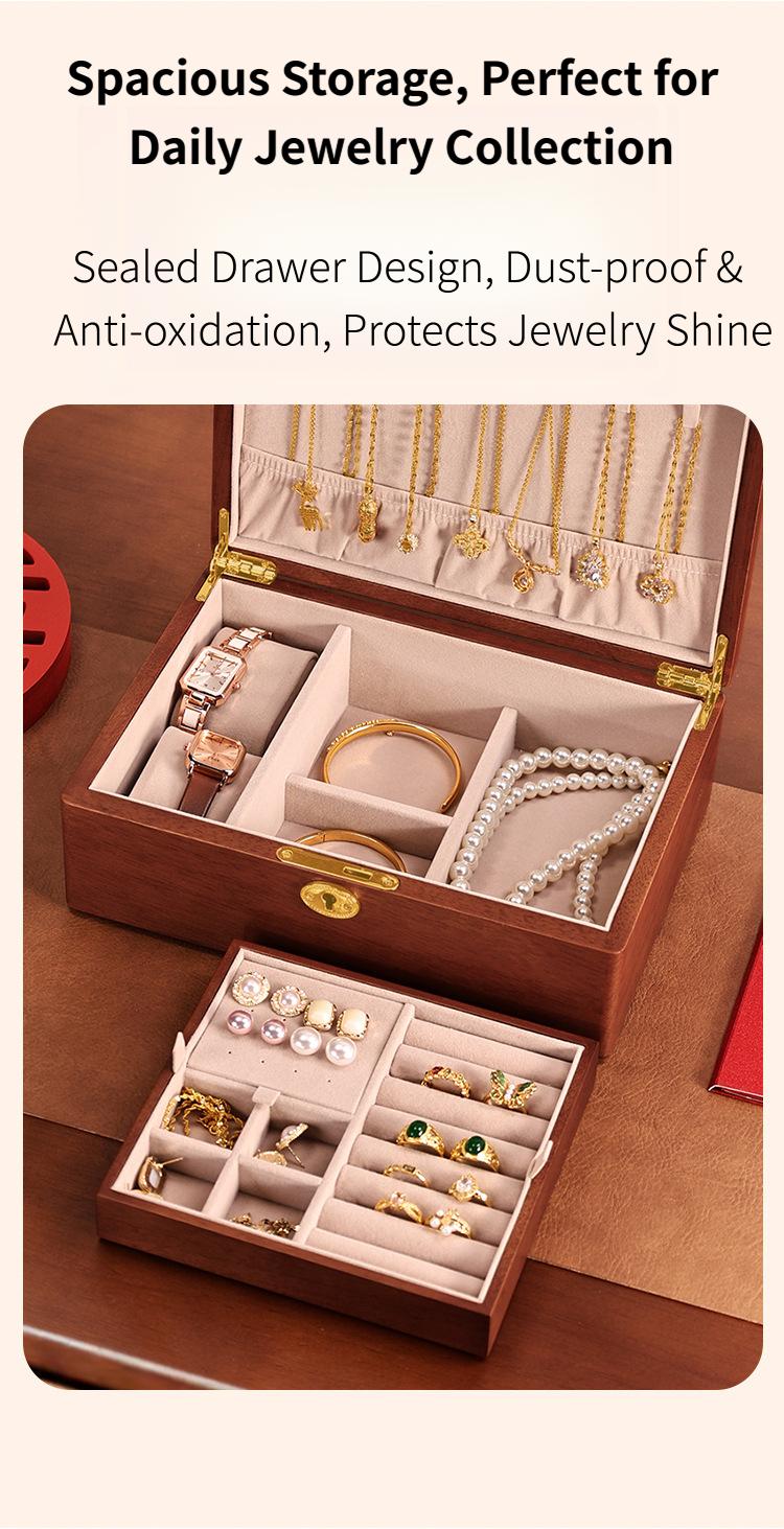 Solid wood embedded double-layer home jewelry box, desktop earring and ring storage box, flip-top lockable accessory storage box