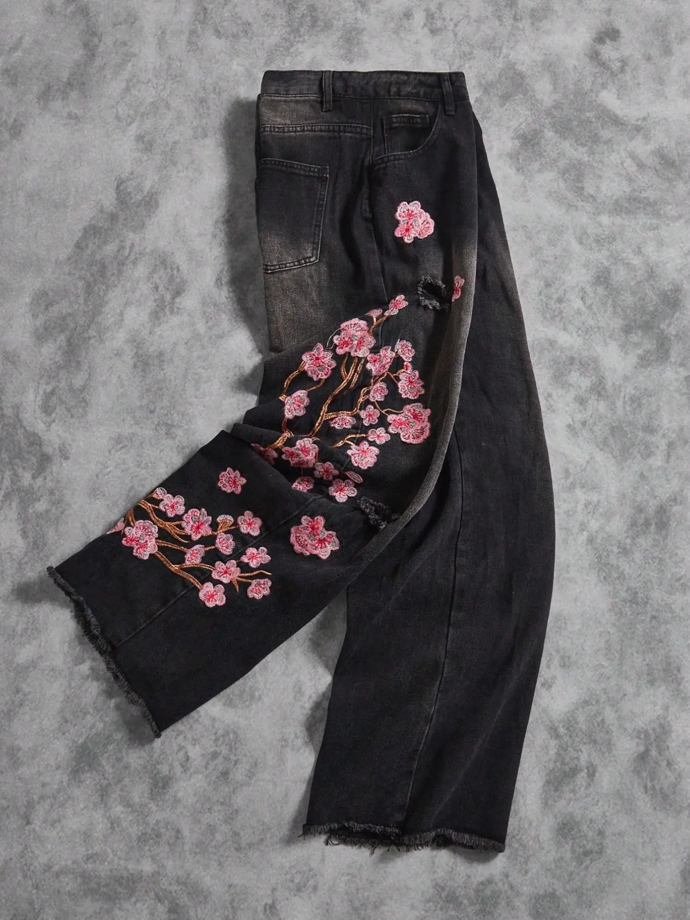 Men's Vintage Washed Jeans, Floral Embroidered Wide Leg Pants, Y2K Streetwear, Loose Fit, All Seasons, Multiple Colors Available, Embroidered Casual Jeans