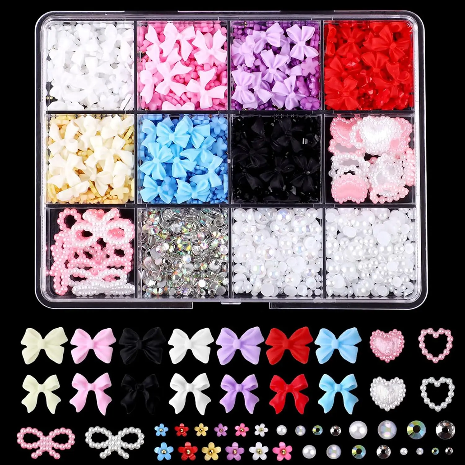1000 Pcs 3D Nail Charms and Flatback Pearls, Including Accessories, Set 12 Grids Nail Bows, Flower Heart Jewels, AB Round Rhinestones, White Pearls for Nail Art DIY Decoration with Pickup Tools