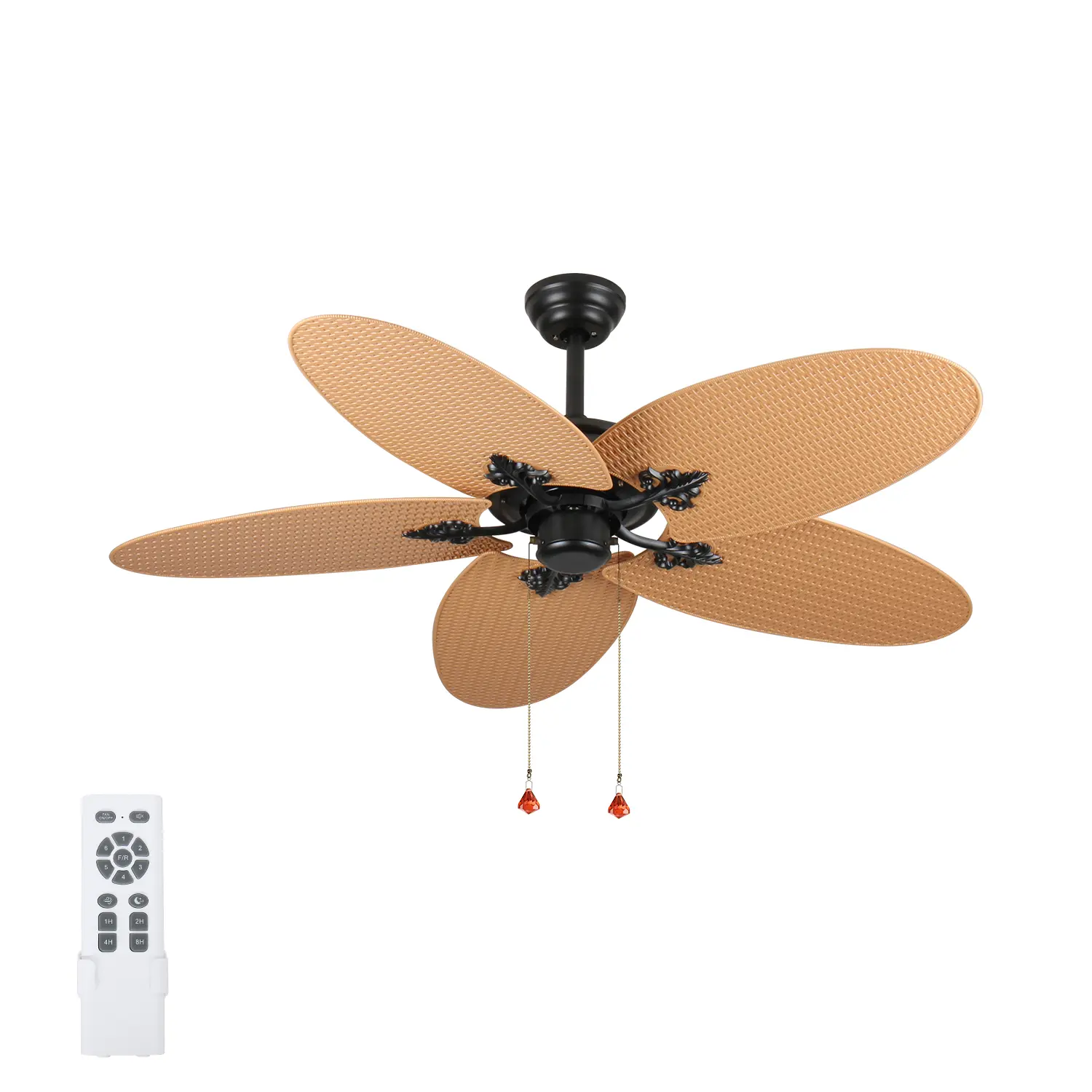 ARCH 52 Inch Tropical Ceiling Fan with 5 Palm Leaf Blades, Indoor Outdoor No Light Fan, Pull Chain Control, Dual Mounting Options, Acacia Wood ABS, Quiet 3 Speed, for Patio Bedroom Living Room, Acacia Wood Color Options, ABS Material