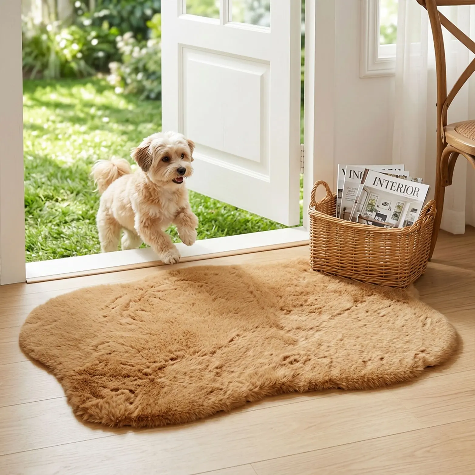 1pc Faux Rabbit Fur Khaki Irregular Entryway Mat, Soft Plush Floor Rug, Modern Floor Rug, Fluffy Rugs for Front Door Entryway Bedroom Study Living Room, Cozy Skin-Friendly Easy Clean, Minimalist Cream Style Home Decor