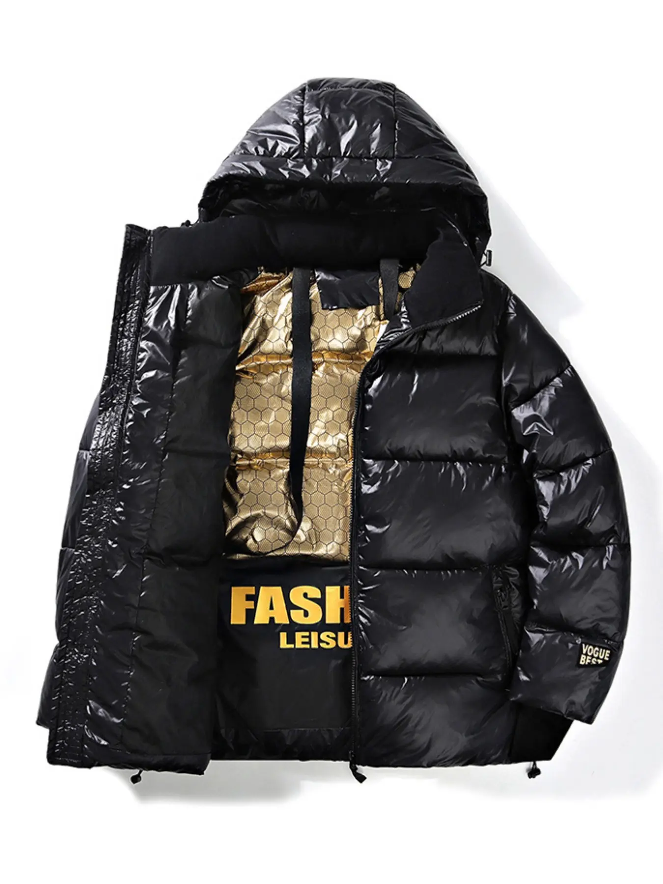 Men's Gold‑Thermal Lined Hooded Puffer Jacket Coats Glossy Thick Warm Winter Outerwear