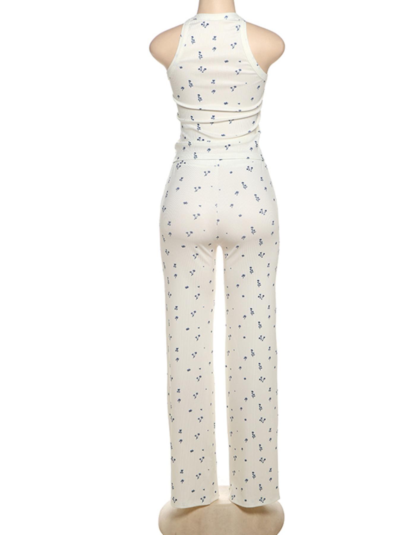 Two-piece Set Women's Ditsy Floral Print Crop Tank Top & Pants, Casual Sleeveless Top & Trousers for Daily Wear, Ladies Two-piece Outfits for Summer, Clothes, Matching Clothing Set, Flared Pants Set, Stretchy Outfit Sets