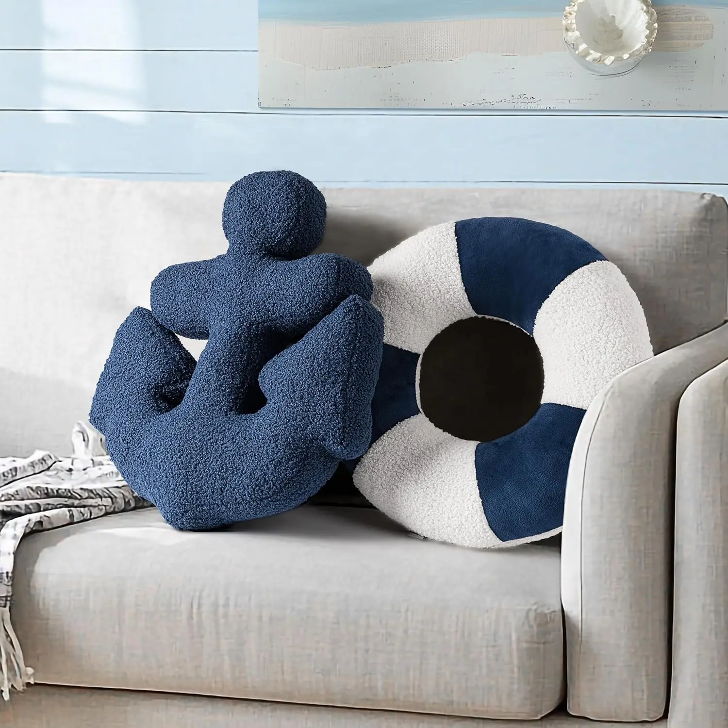 Nautical 3D Anchor-Shape Fabric Throw Pillows Set of 2 (19.6in & 15.7in, Navy Blue & White) - Coastal Decor Nautical Theme for Beach Enthusiasts, Ideal for Sofa, Living Room
