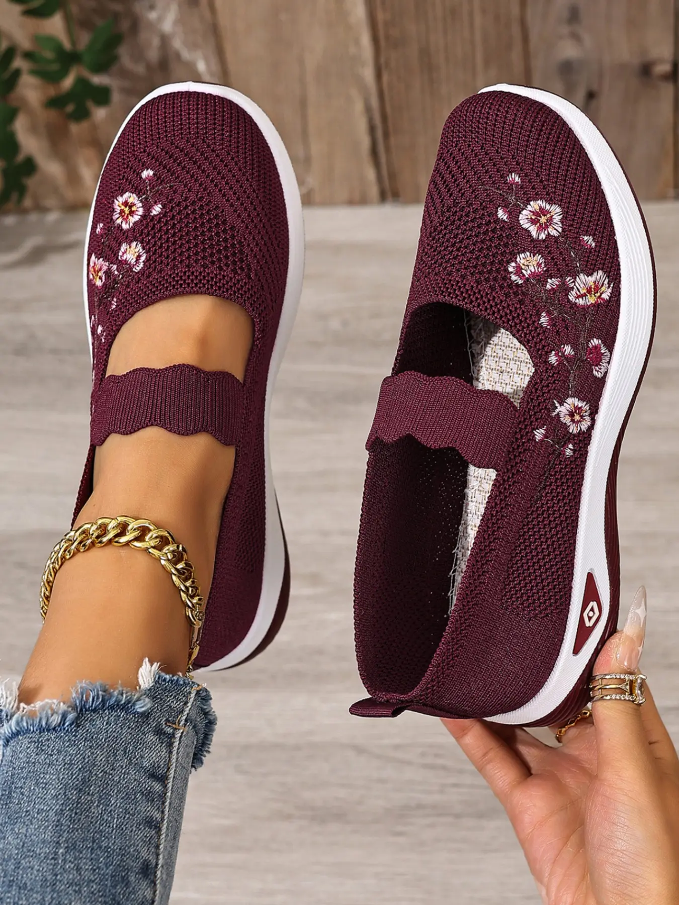 Women's Floral Embroidered Mesh Slip-On Sneakers, Breathable Knit Comfort Walking Shoes, Non-Slip Platform Casual Mary Jane Flats