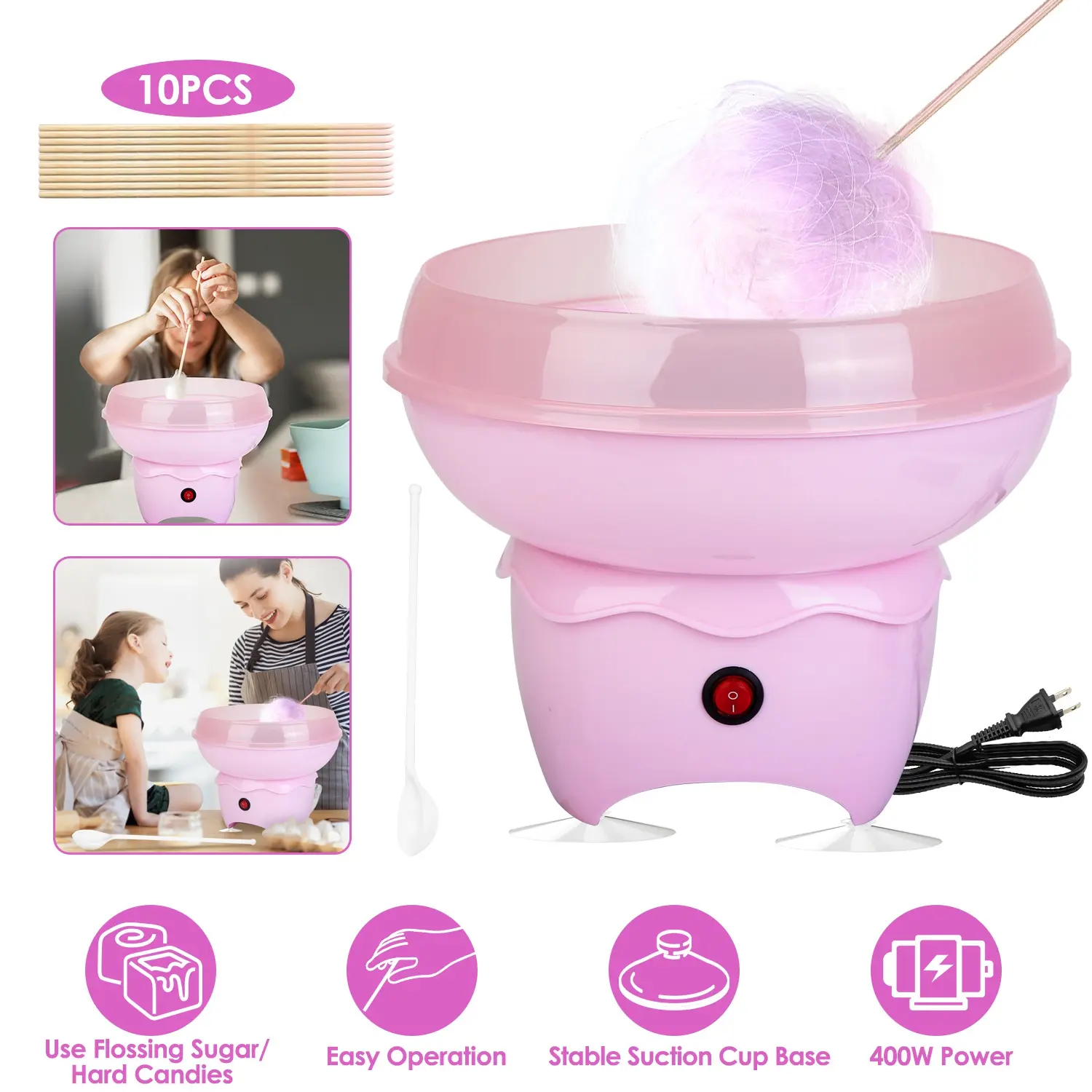 Portable 400W Electric Cotton Candy Maker with Rim Guard, PP+Stainless Mini Machine for Kids' Fun, Ideal Christmas Gift for Home Parties