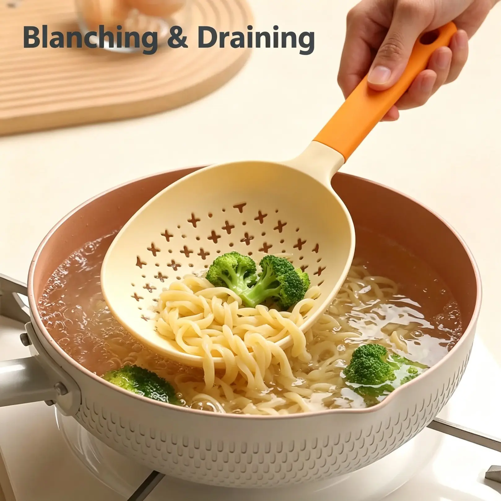 Plastic Strainer Spoon with Large Long Handle, Heat-Resistant Cooking Utensil for Draining Noodles Dumplings Vegetables, Multi-Purpose Kitchen Prep Gadget for Cooking and Drain Food