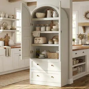 YJ-Garvee 72" Arched Kitchen Pantry Cabinet - Wooden Freestanding Storage Cupboard with Doors, Drawers & Adjustable Shelves, Versatile Farmhouse Pantry for Dining and Living Room in Multiple Finishes