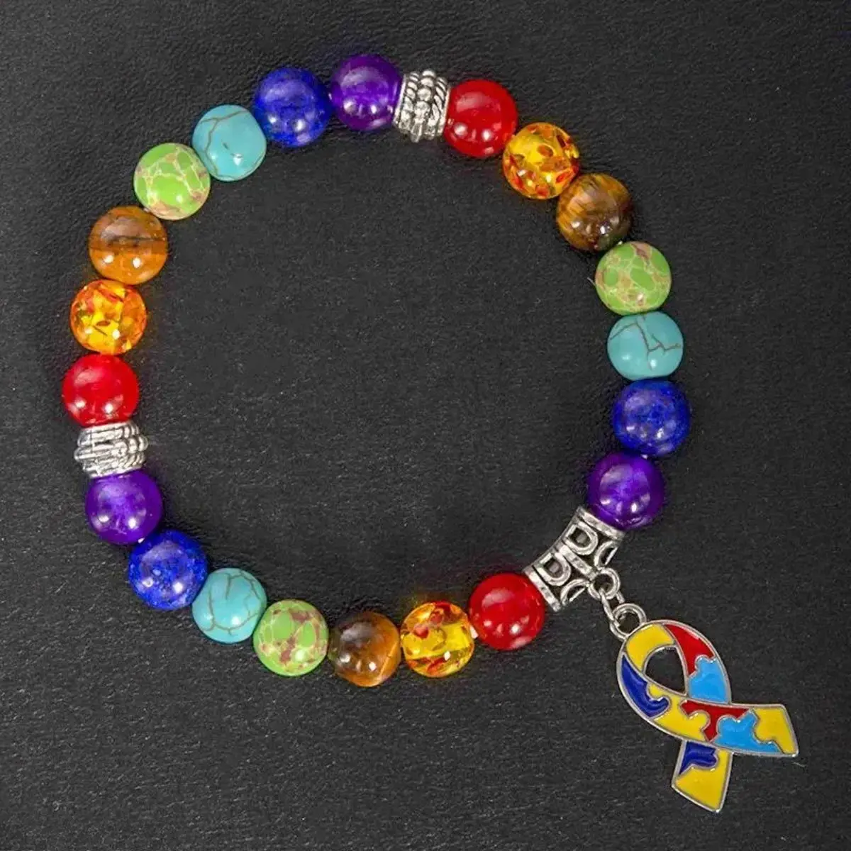Rainbow Bracelet for Autism Awareness, Hand-Strung with Colorful Natural Stone Beads, Puzzle Piece Charm and a Comfortable Elastic Fit, Teacher, Therapist, Wristband, Holidays, Metal, Birthdays, Stretch Elastic, Elastic Cord