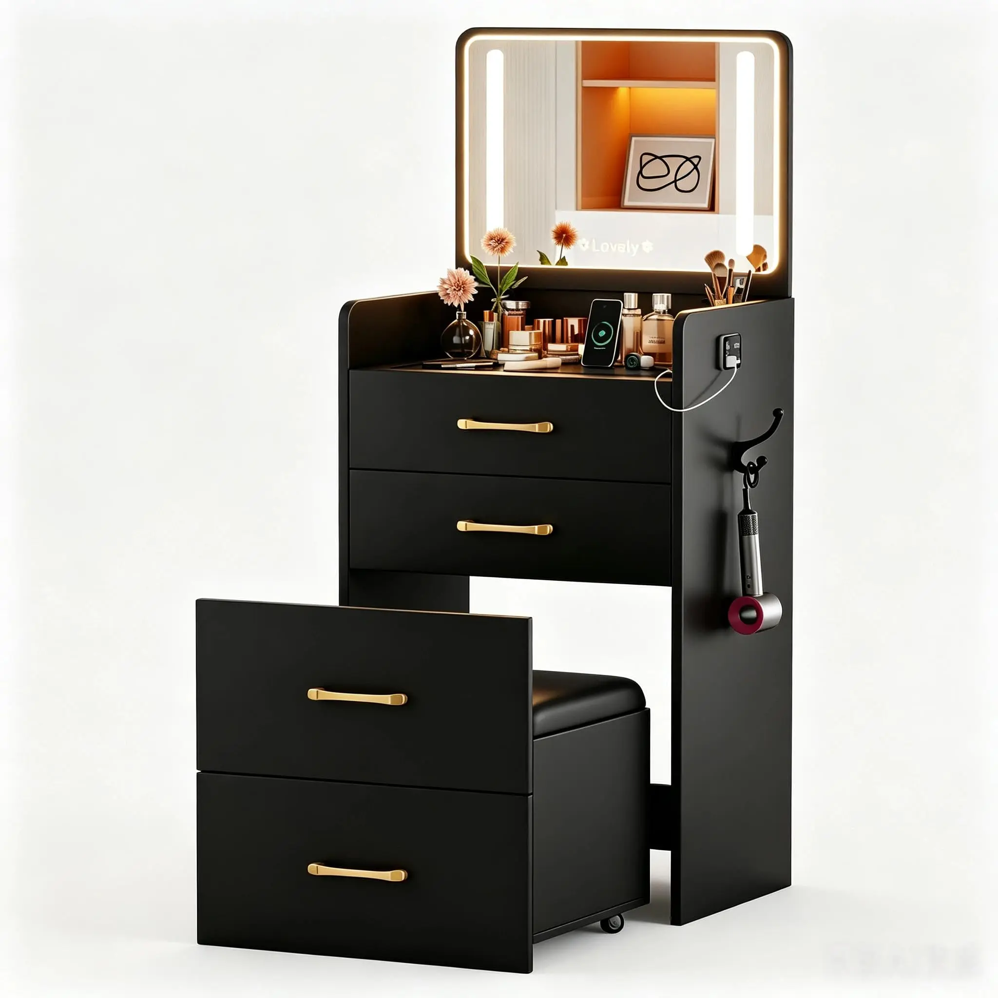 Compact Vanity Desk with LED Mirror & USB Charging, Hidden Pull-Out Stool Included, White Makeup Table Set for Bedroom, Dorm, Small Apartment