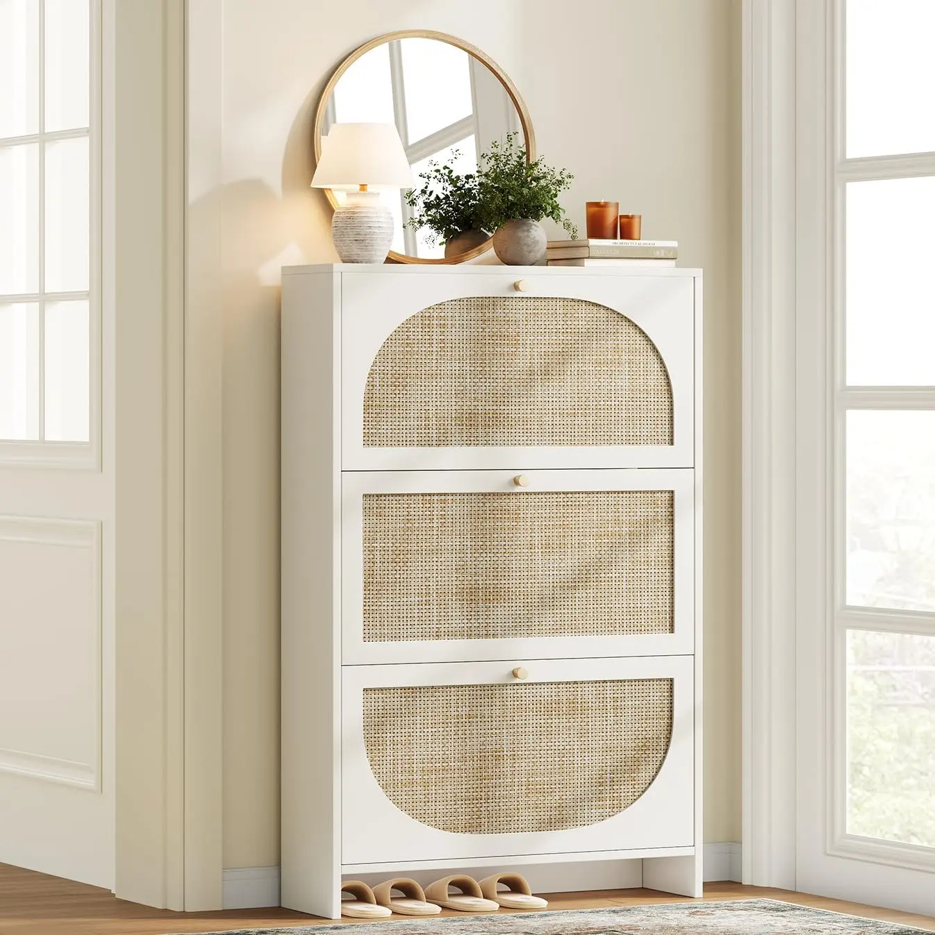 Modern Slim 9.5" Freestanding Shoe Organiser Cabinet for Entryway, Floor-Based Storage with 3 Flip Drawers, 3-Position Adjustable Dividers, Holds 16-36 Pairs, Bright White Racks, Shoe Storage